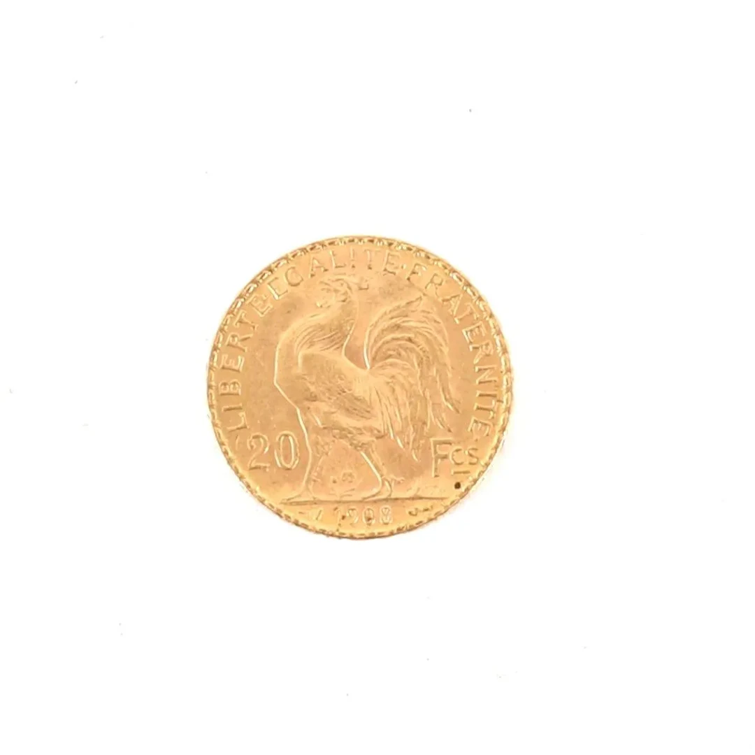 20-FRANC GOLD COIN WITH ROOSTER, 1908 - Lot 54