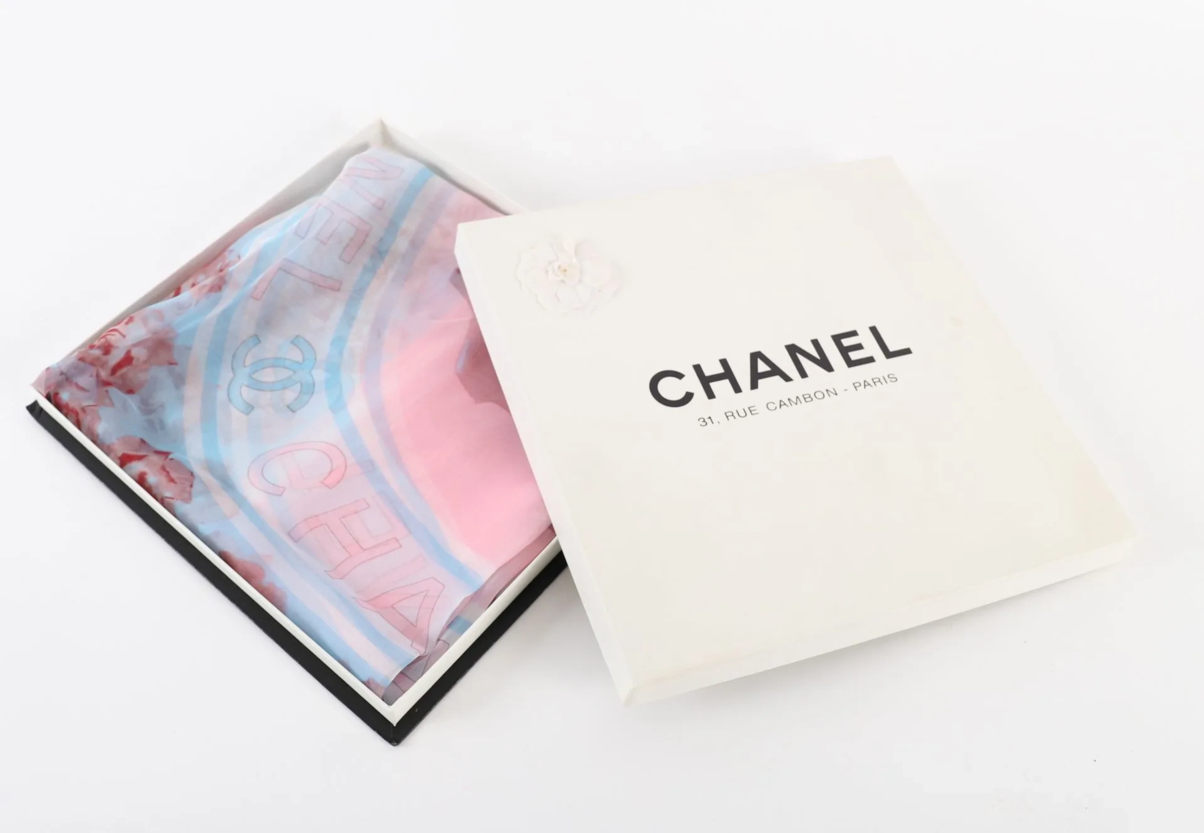 CHANEL PINK AND BLUE CAMELLIA SQUARE SCARF - Lot 110