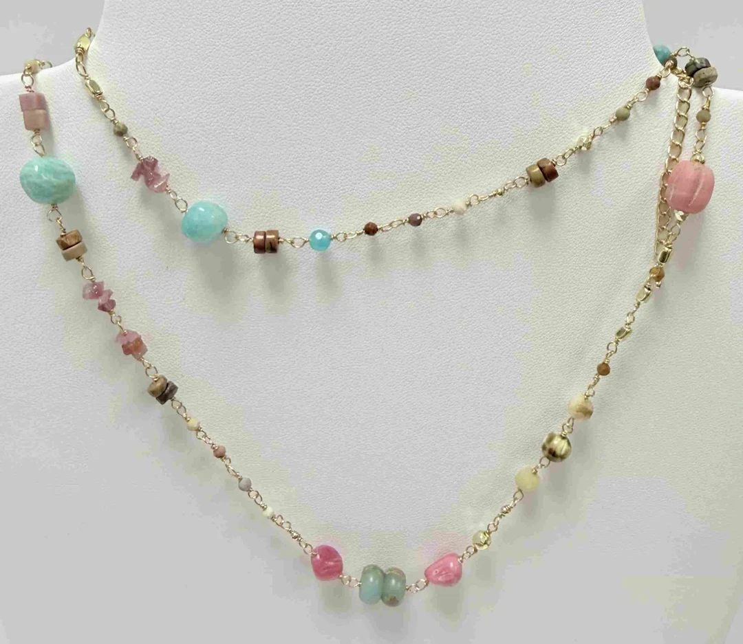 GOLD-PLATED METAL LONG NECKLACE WITH COLORFUL SEMI-PRECIOUS - Lot 5