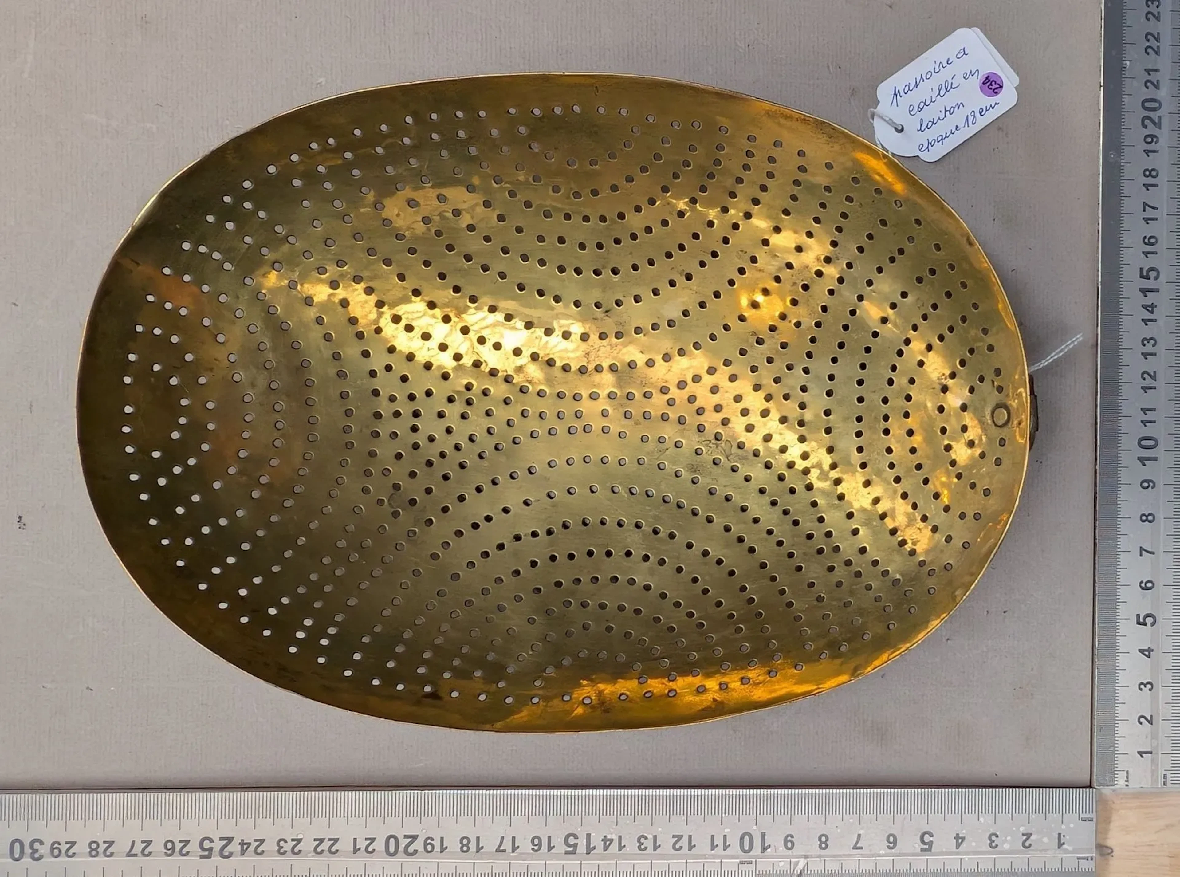 1 18th-century brass milk-curdling strainer—see photos for dimensions
