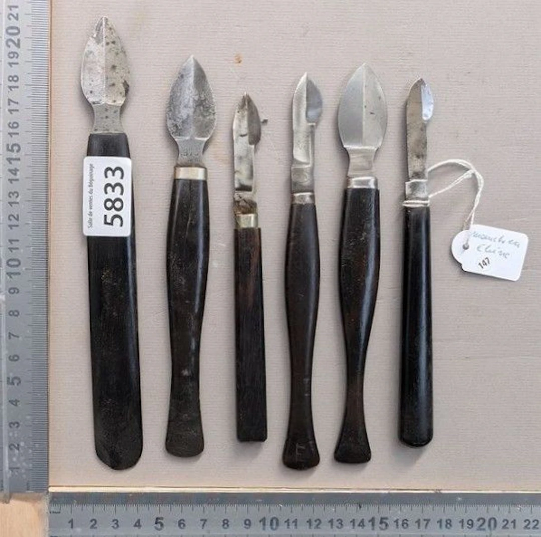 6 Woodcarving knives, ebony handles—see photos for dimensions and condition