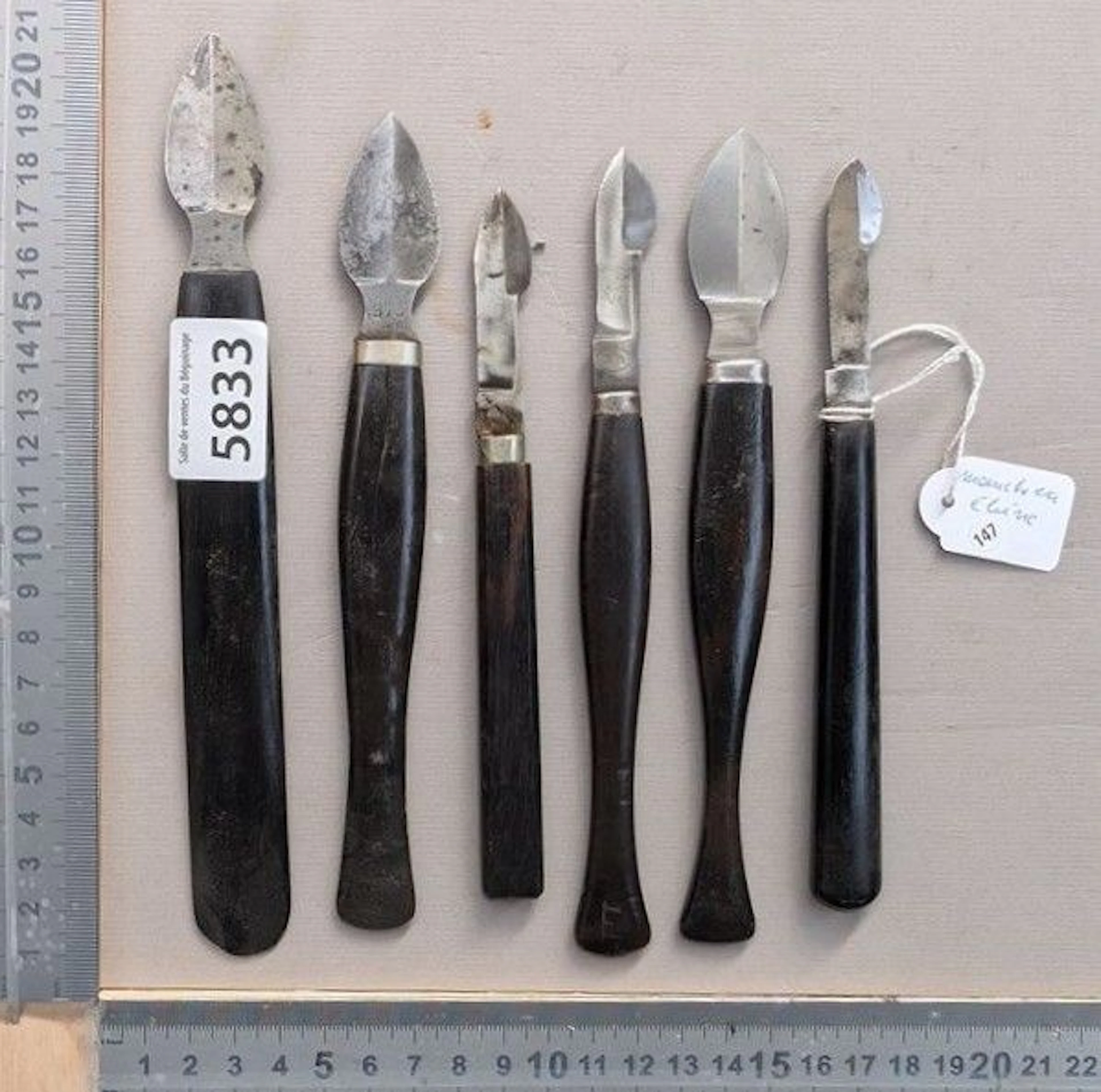 6 Woodcarving knives, ebony handles—see photos for dimensions and condition