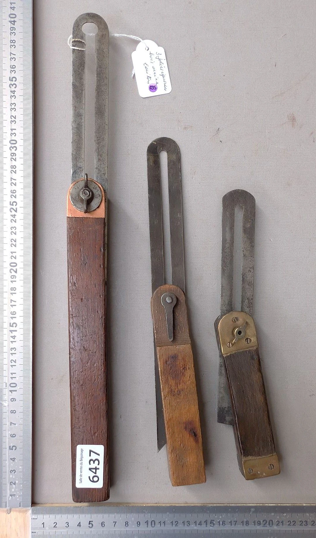 3 attractive wood, steel, and brass brackets—see photos for dimensions