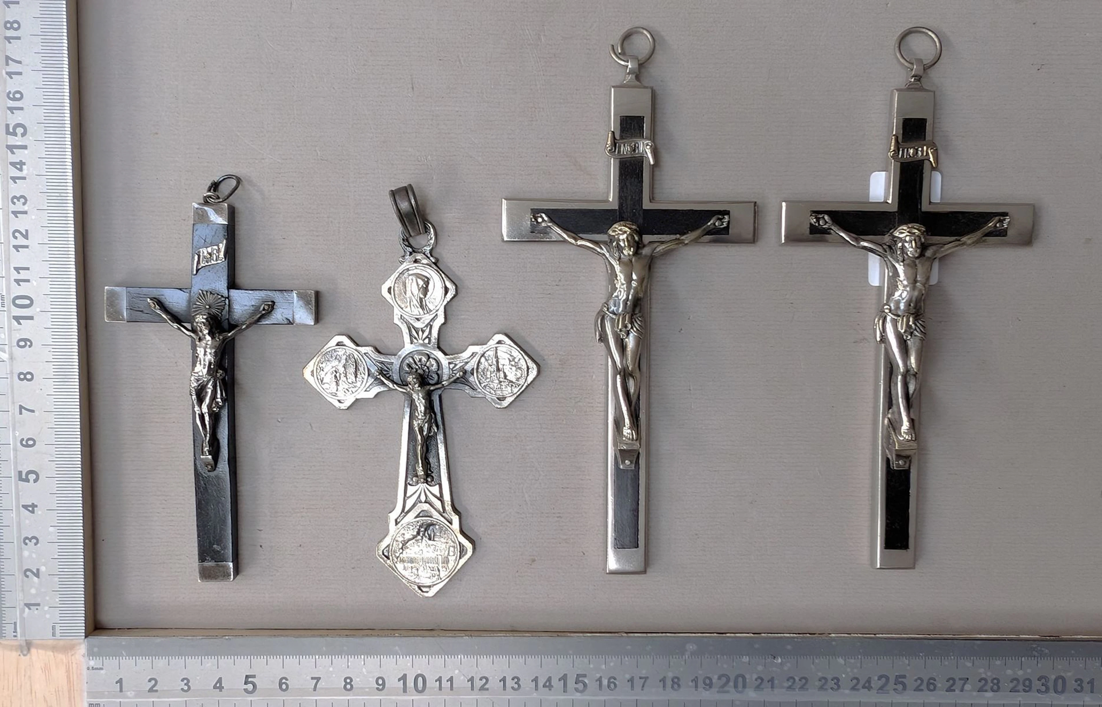 4 antique religious crosses—see photos for dimensions and condition