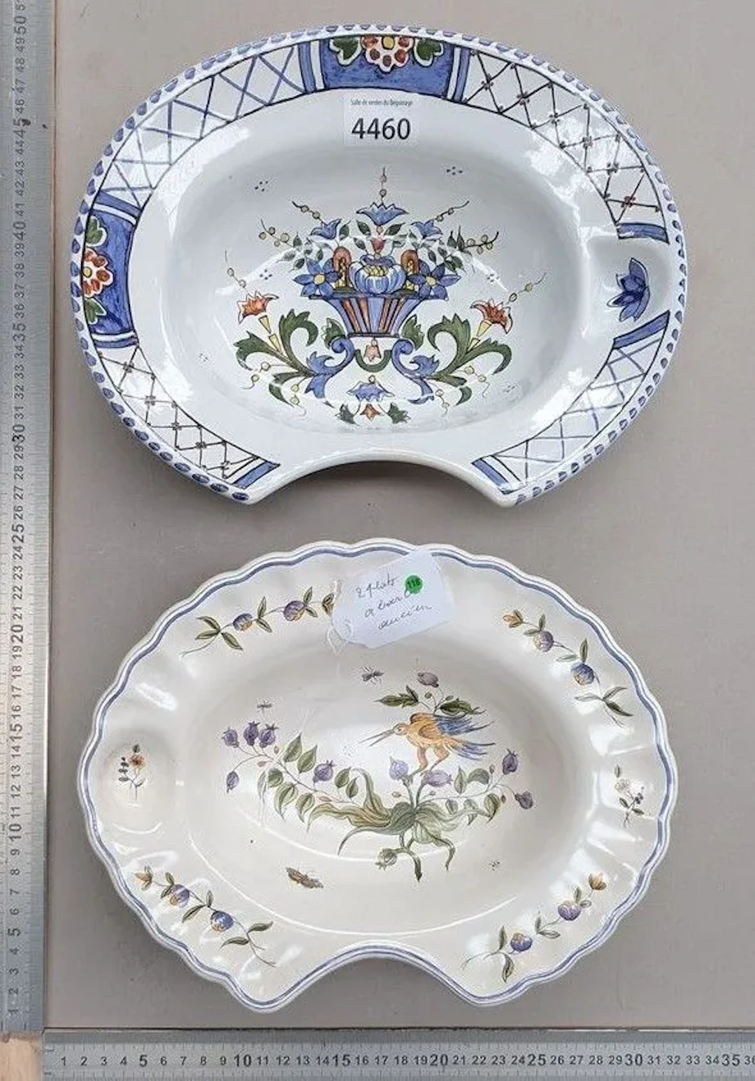 2 earthenware shaving bowls—see photos for dimensions and condition