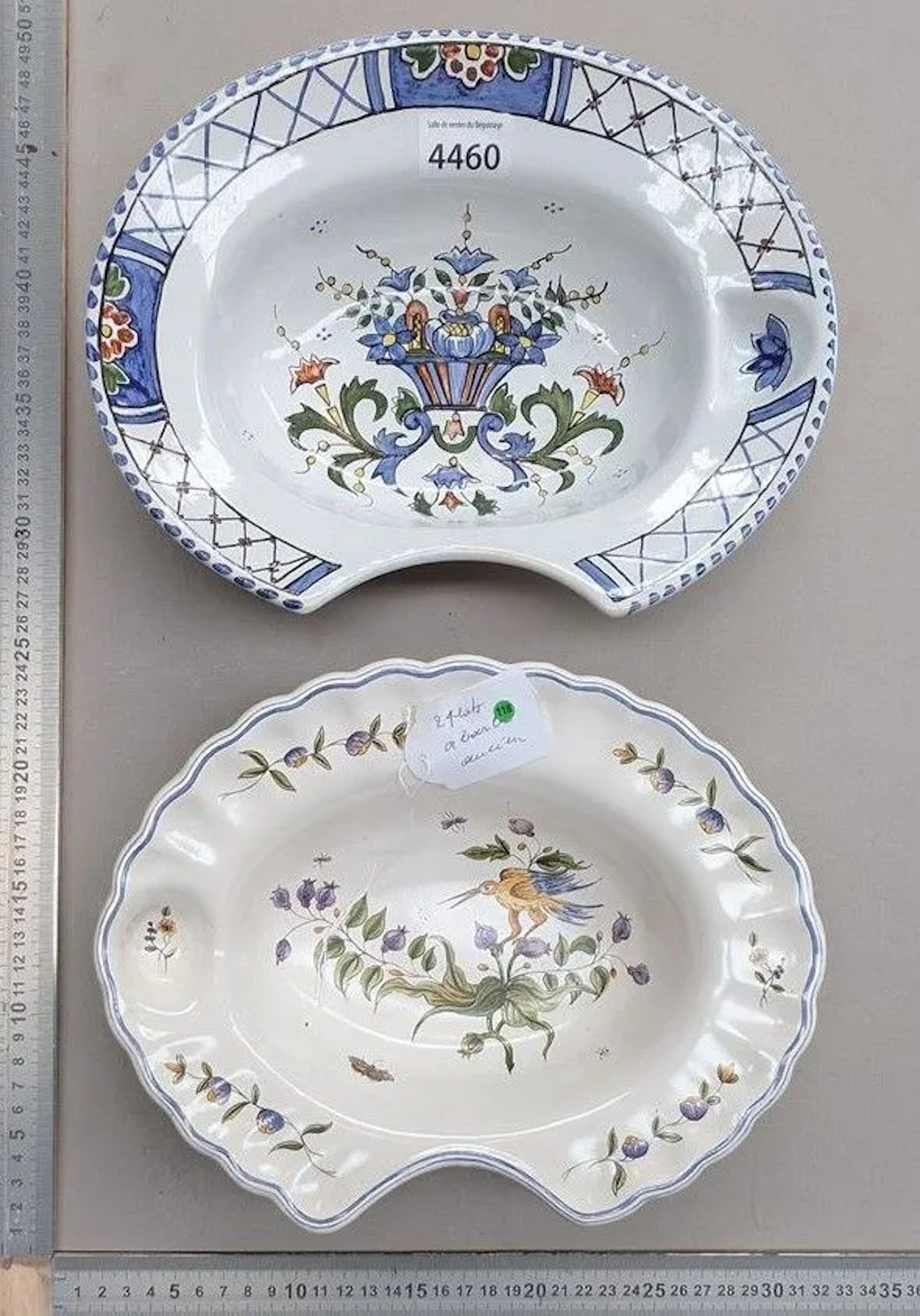 2 earthenware shaving bowls—see photos for dimensions and condition