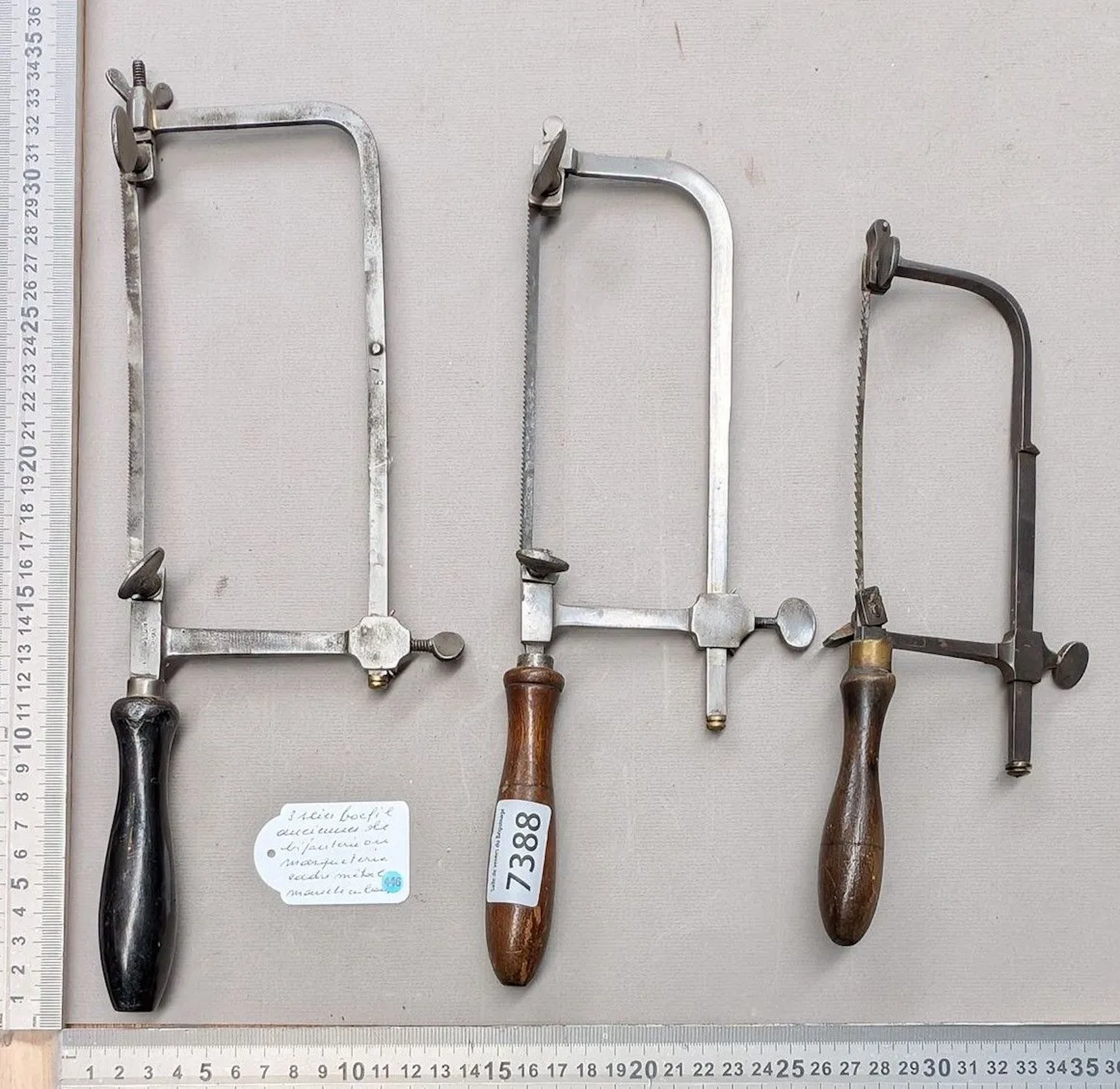 3 antique jeweler's or marquetry saws with metal frames—see photos