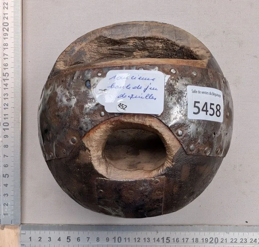 Antique bowling ball + wrought iron - See photos for dimensions and condition