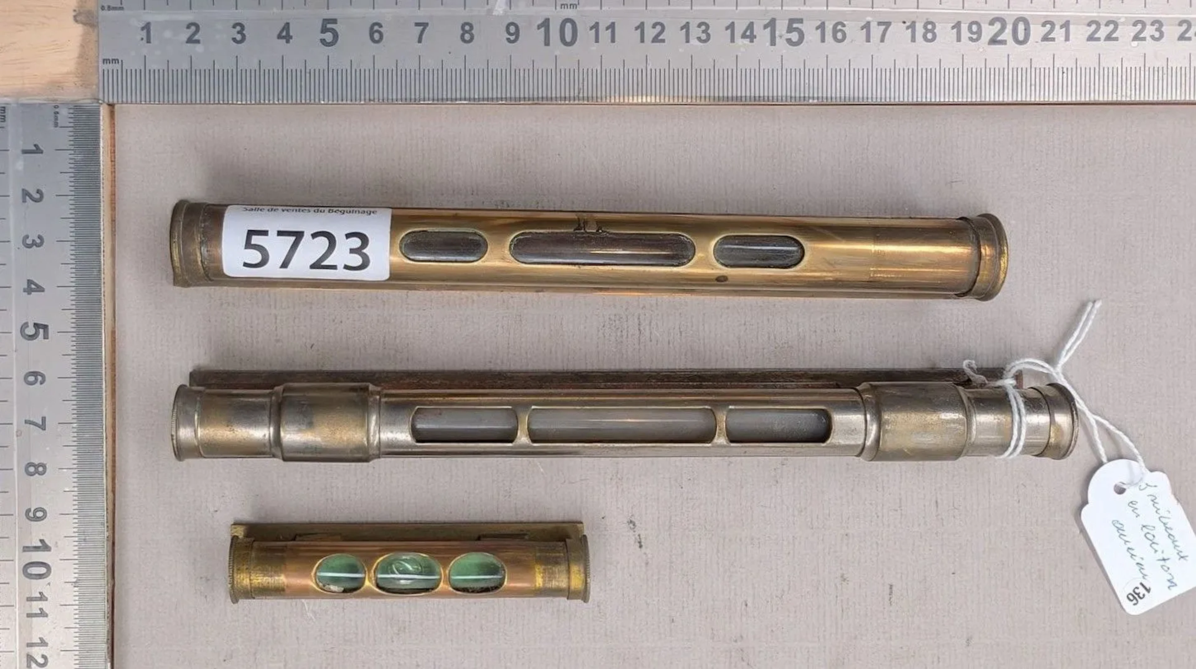 3 Vintage brass levels—see photos for dimensions and condition