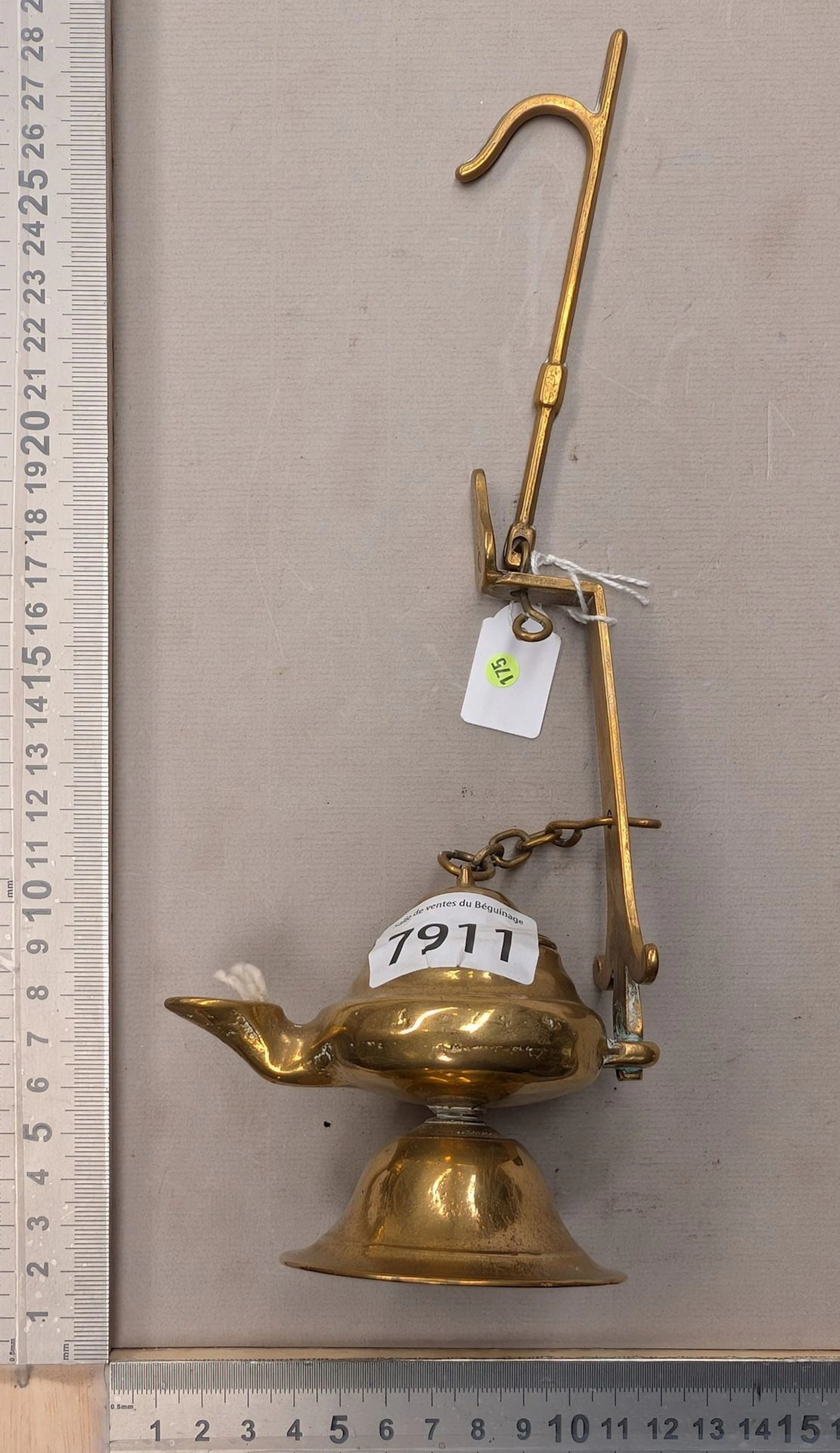 Antique small bronze oil lamp—see photos for dimensions and condition