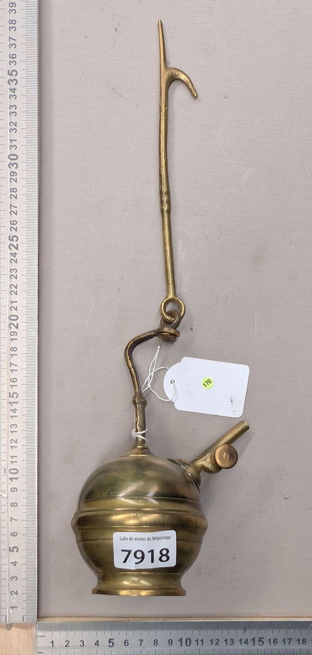 Antique small bronze oil lamp—see photos for dimensions and condition