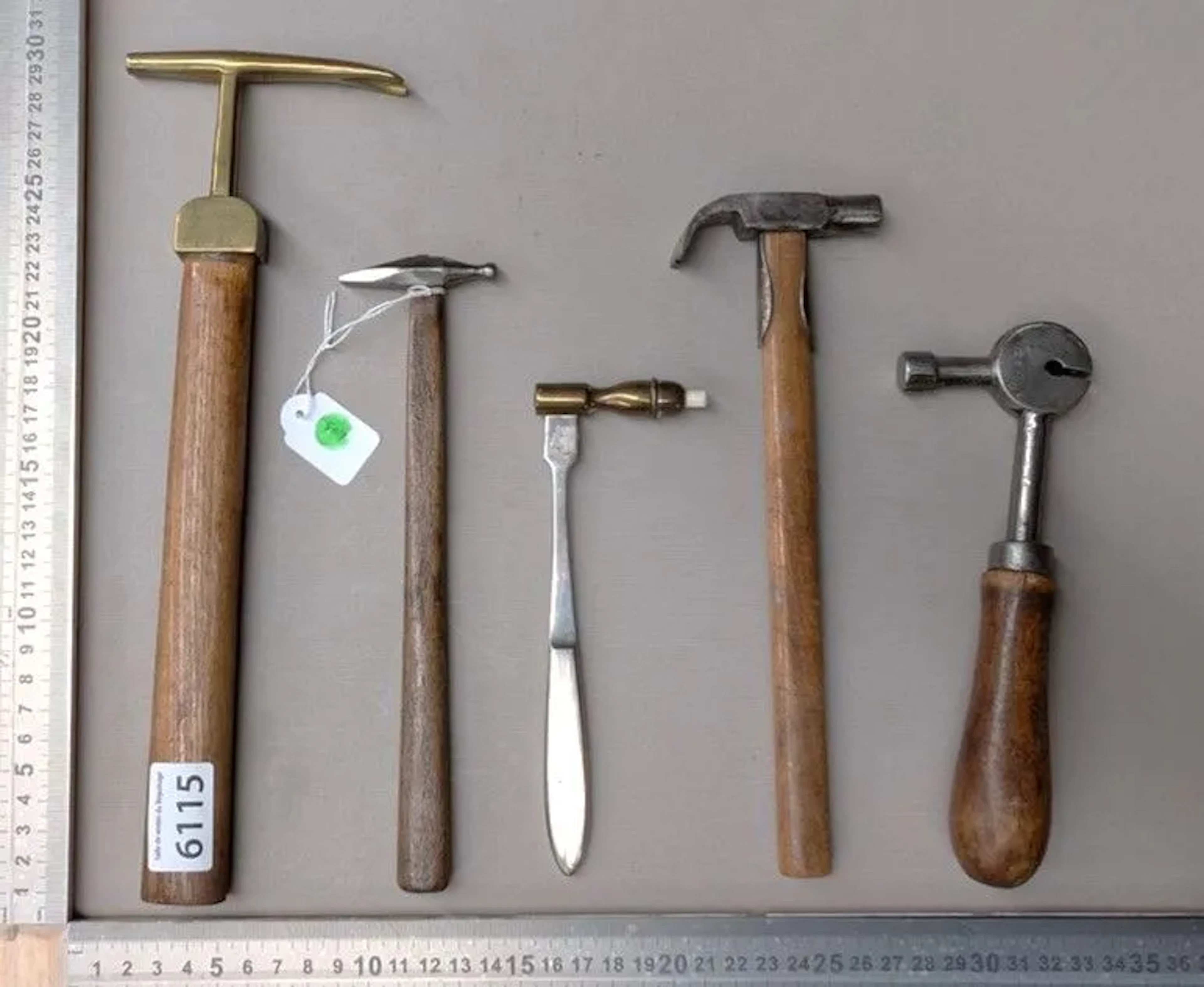 5 copper smith's hammers—see photos for dimensions and condition