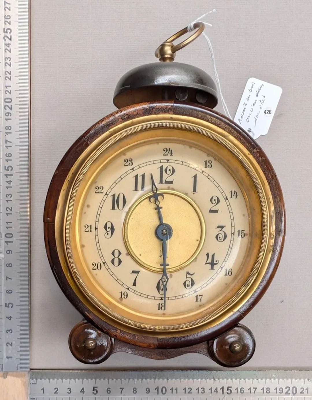 Vintage wooden alarm clock in its original condition—see photos for