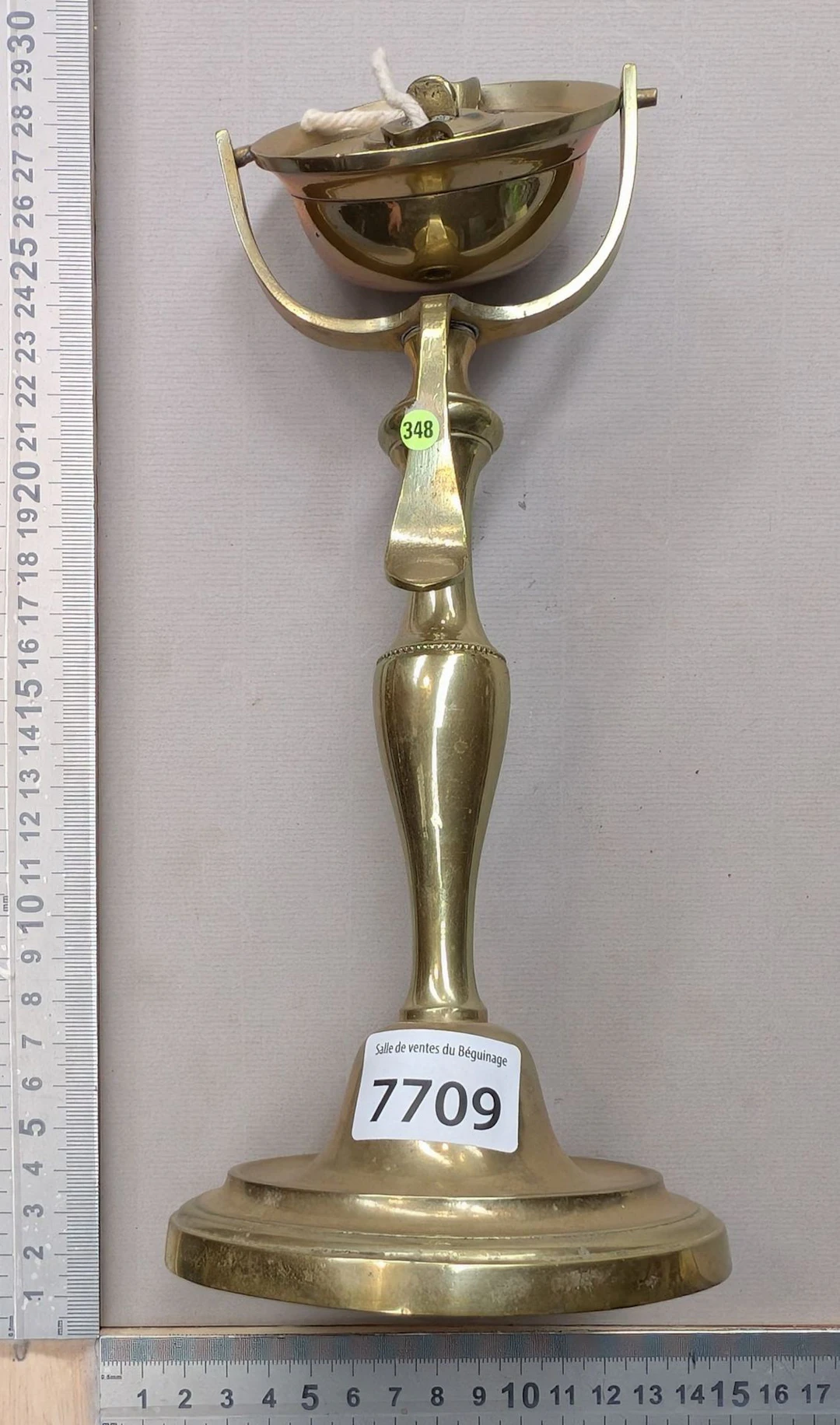 Antique 18th-century brass oil lamp—see photos for dimensions and condition