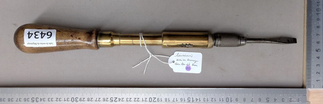 Antique bronze-steel wood screwdriver—see photos for dimensions and condition