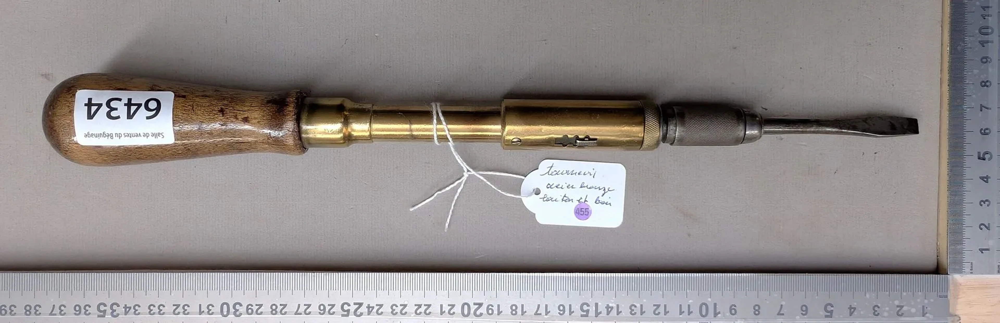 Antique bronze-steel wood screwdriver—see photos for dimensions and condition