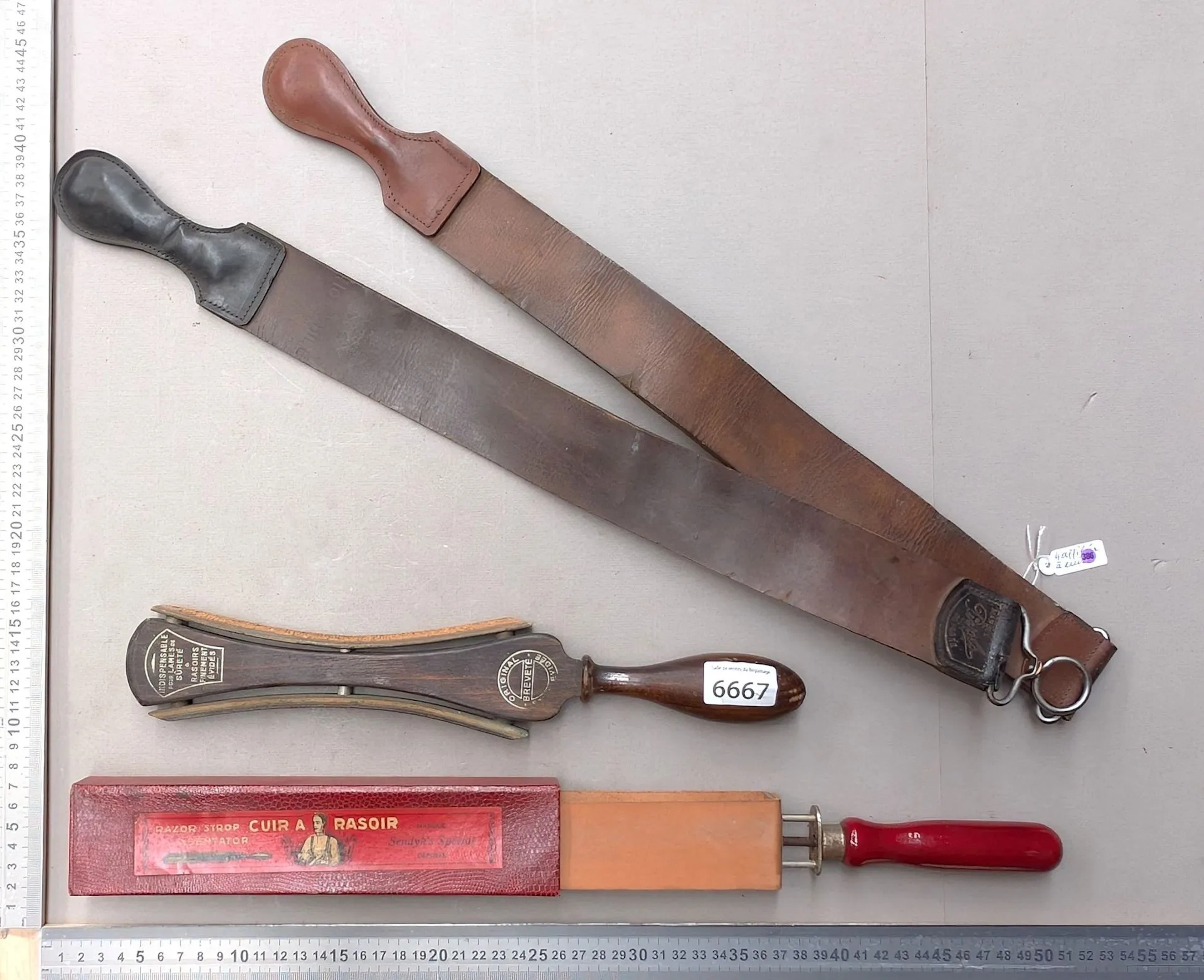 4 leather sharpening stools for barbers—see photos for dimensions and condition