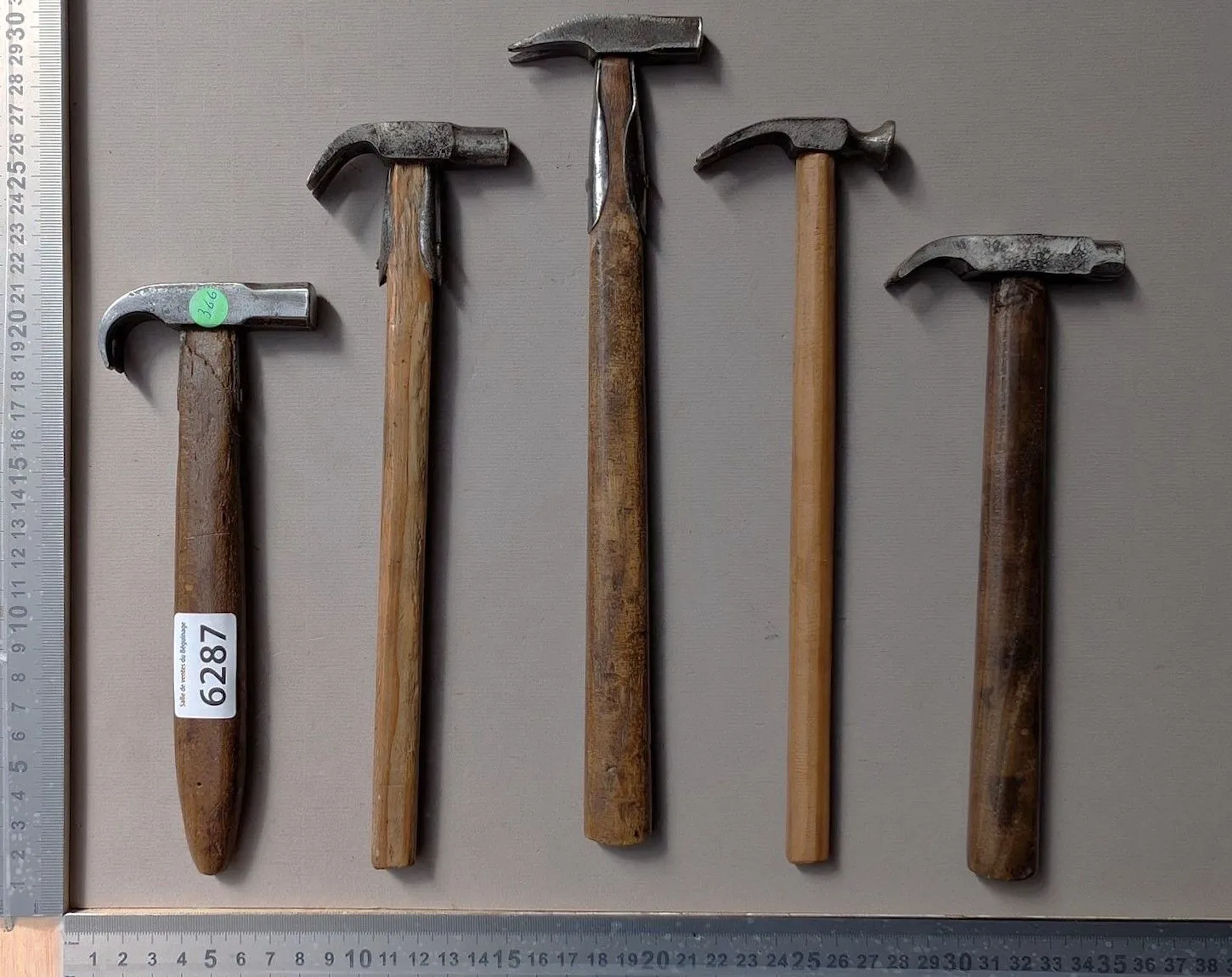 5 small antique hammers—see photos for dimensions and condition