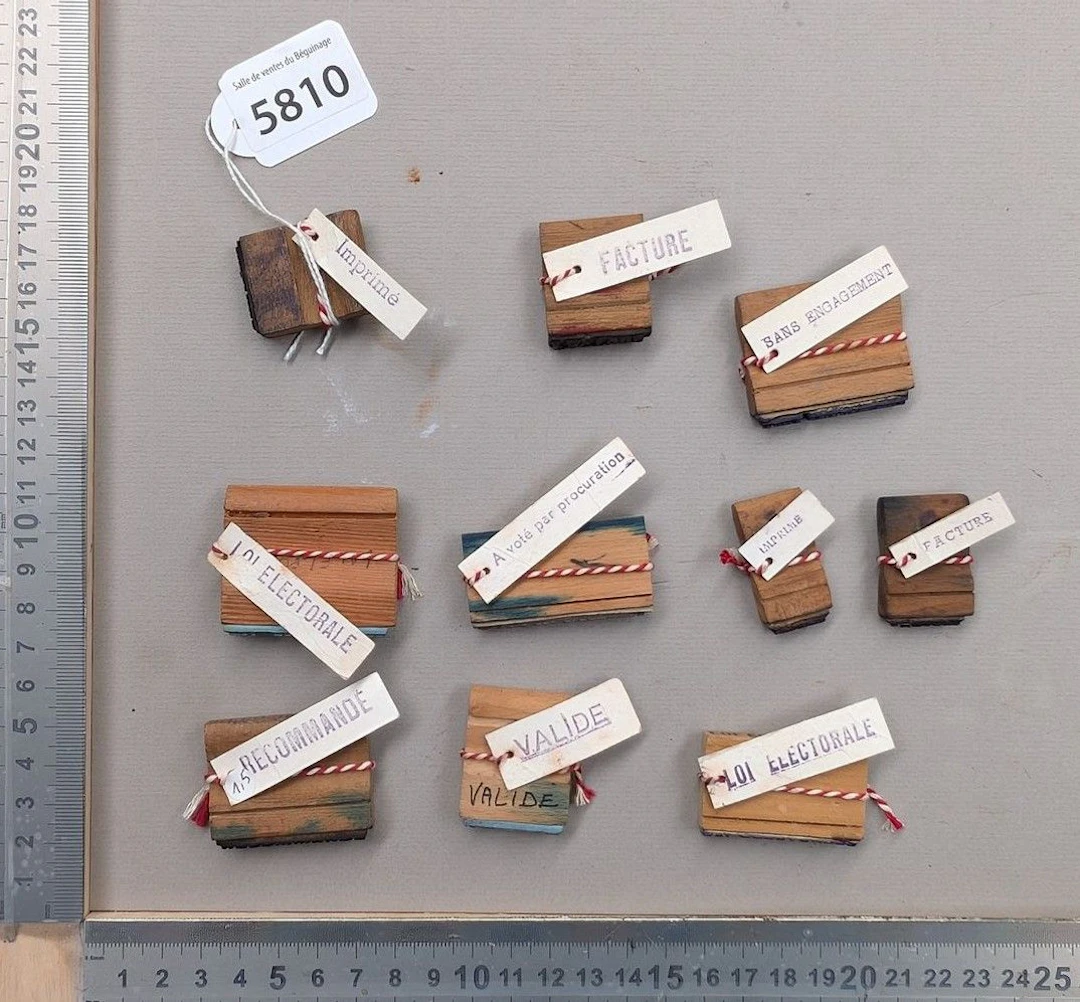 10 wooden stamps—see photos for dimensions and condition