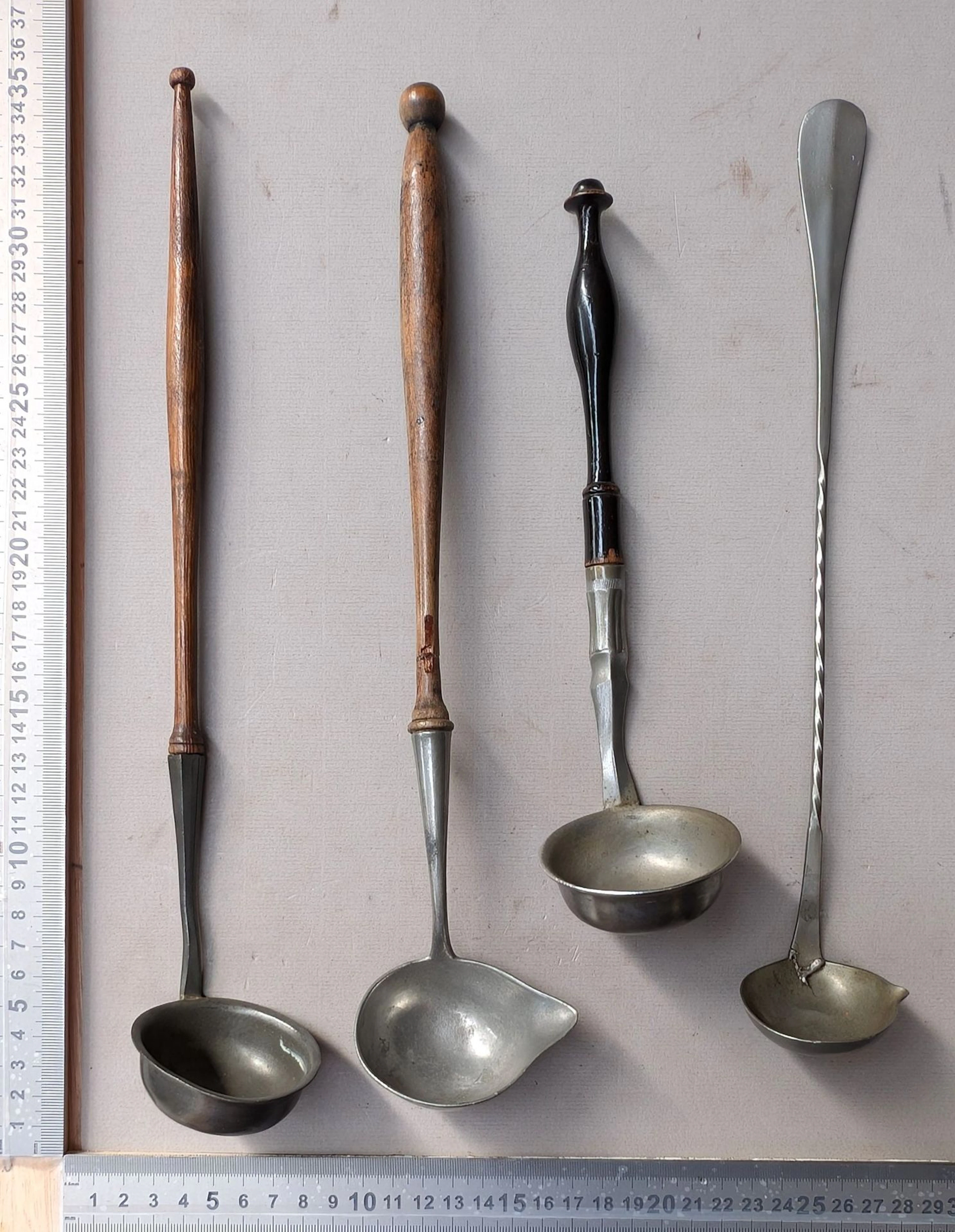 4 small antique sauce ladles—see photos for dimensions and condition