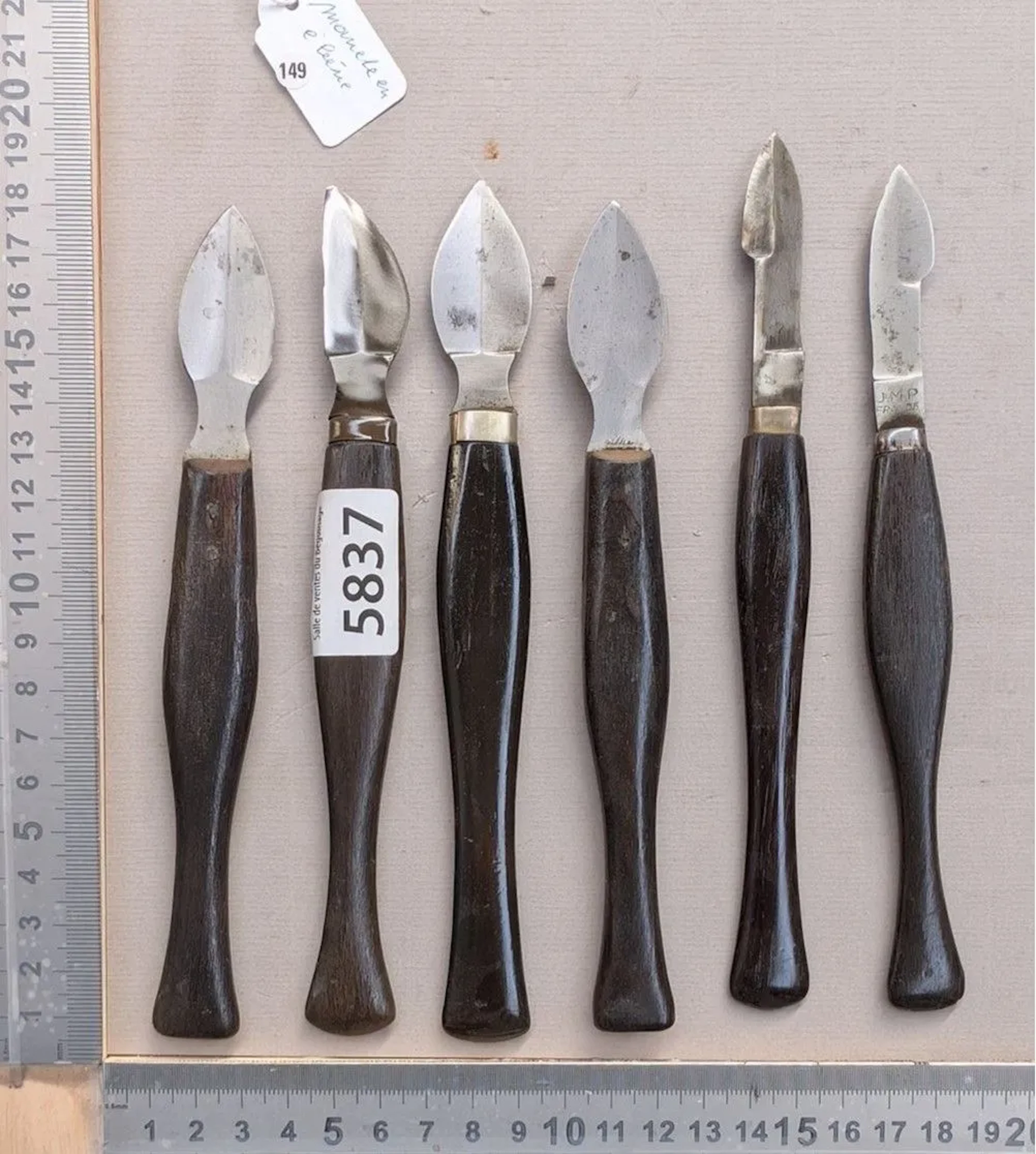 6 Woodcarving knives, ebony handles—see photos for dimensions and condition