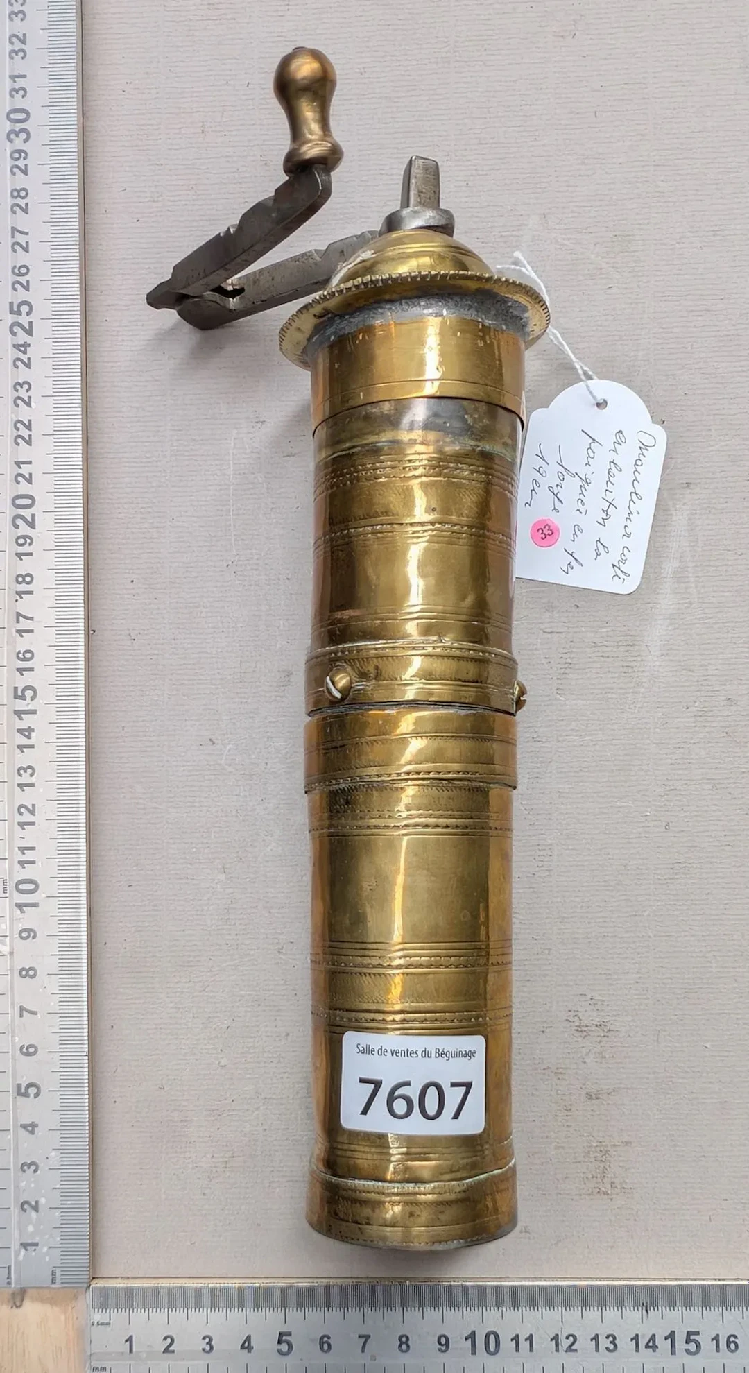 1 brass coffee grinder with a wrought-iron handle—see photos for dimensions