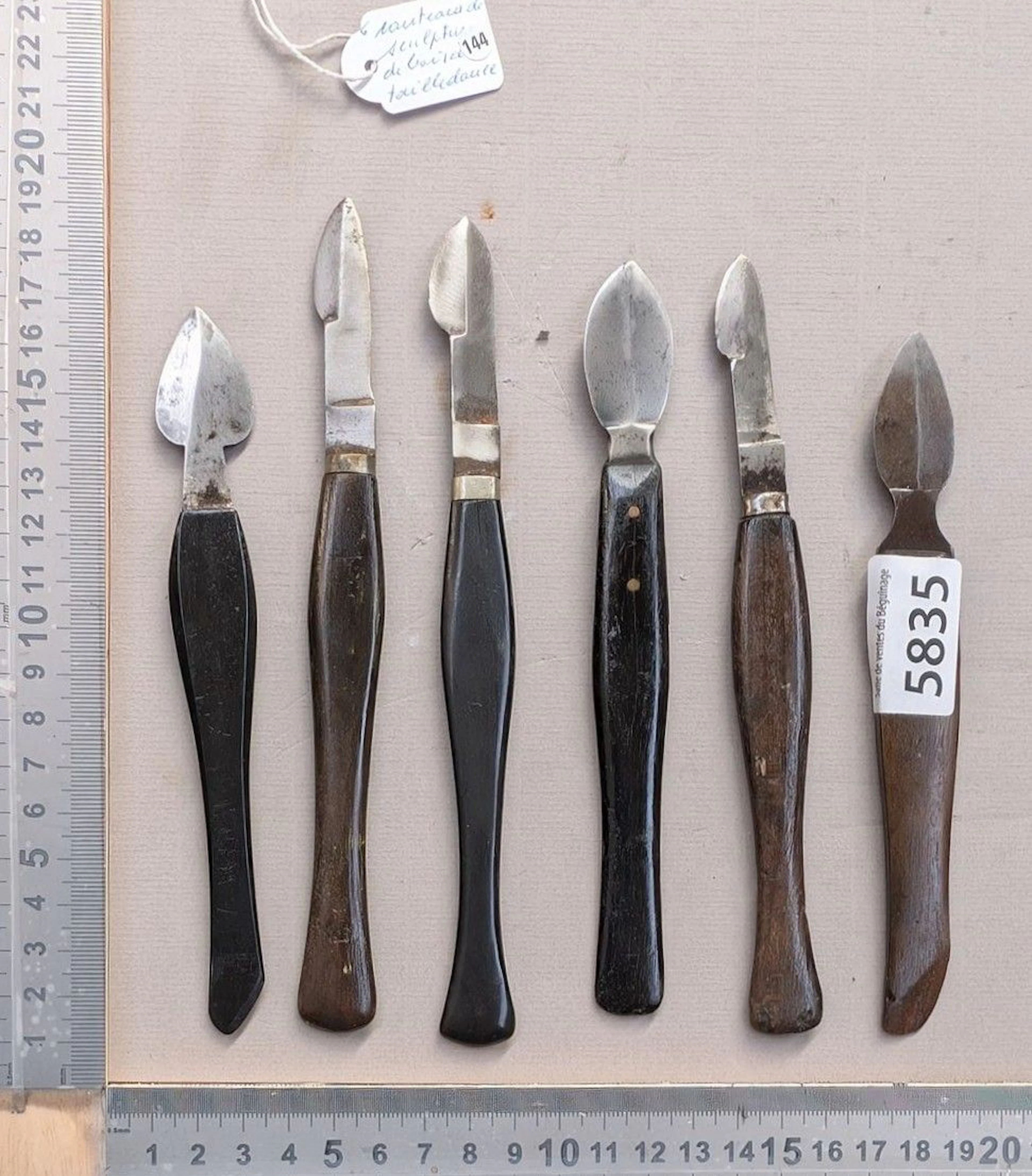 6 Woodcarving knives, ebony handles—see photos for dimensions and condition