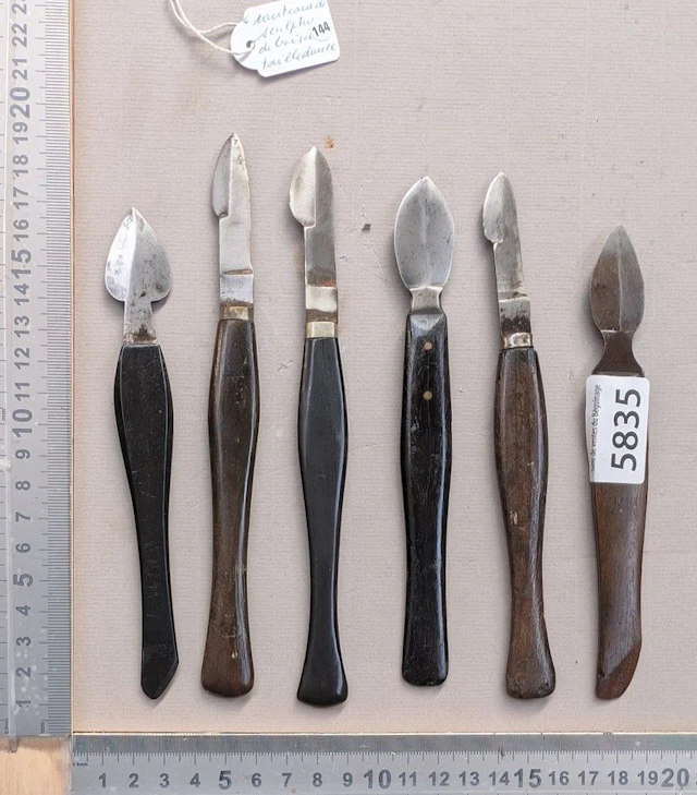 6 Woodcarving knives, ebony handles—see photos for dimensions and condition
