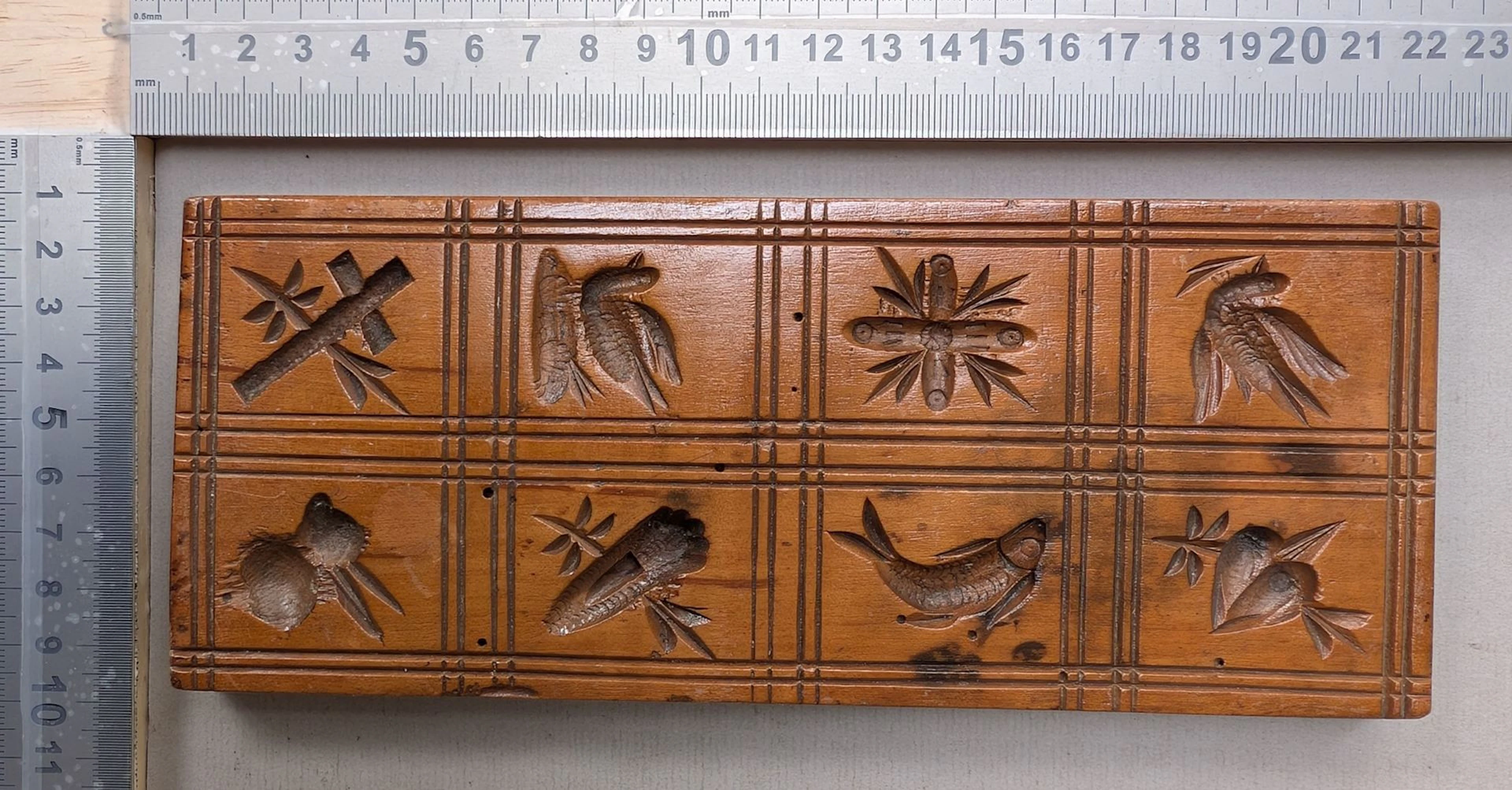 1 rare antique carved wooden mold with folk motifs, circa 1800—see