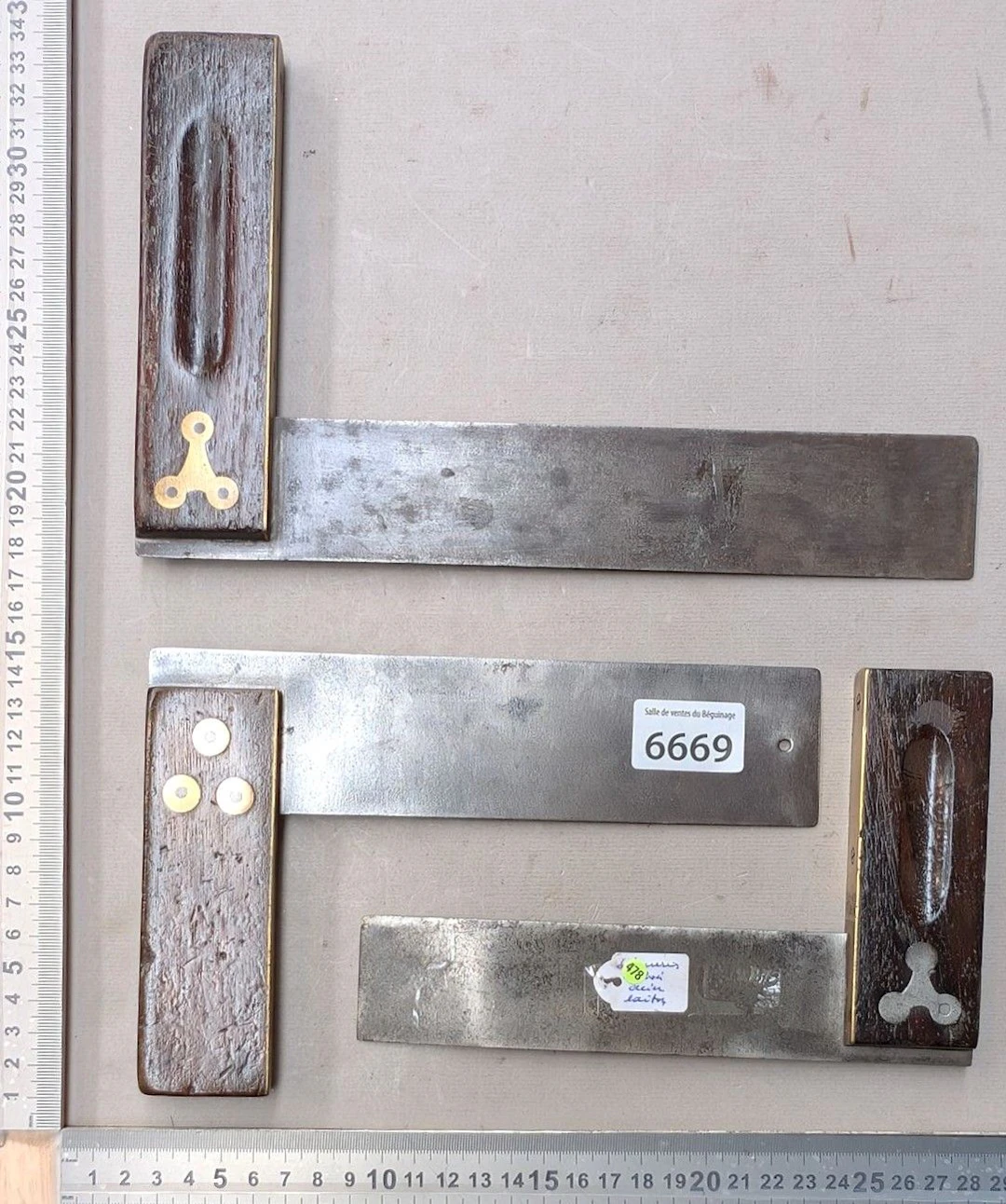 3 vintage wooden brass set squares—see photos for dimensions and condition