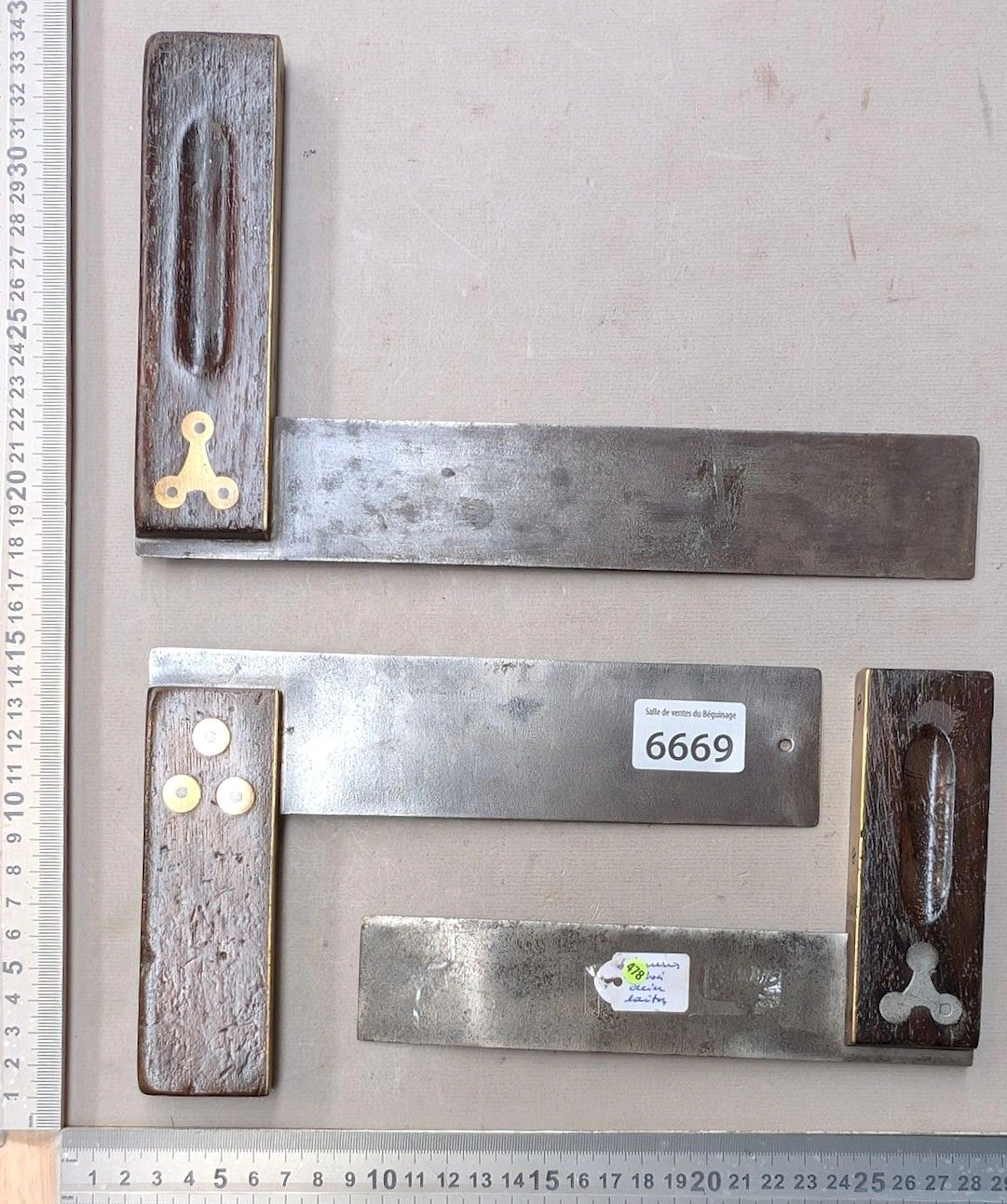 3 vintage wooden brass set squares—see photos for dimensions and condition