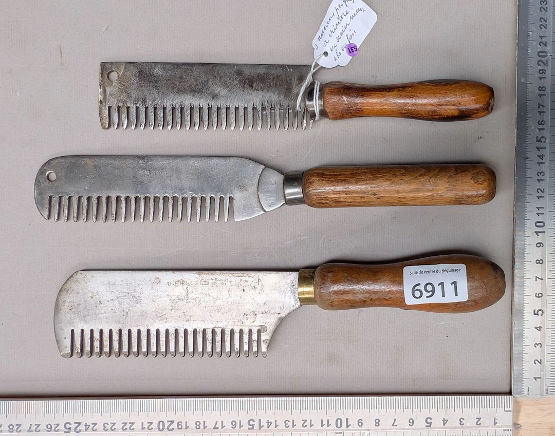 3 antique steel mane combs with wooden handles—see photos for dimensions