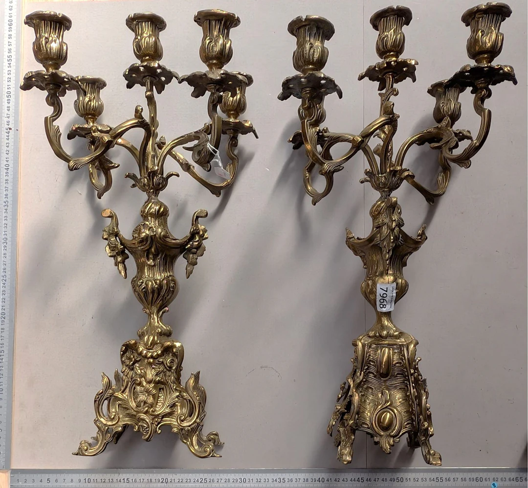 2 five-branched bronze candlesticks—see photos for dimensions and condition