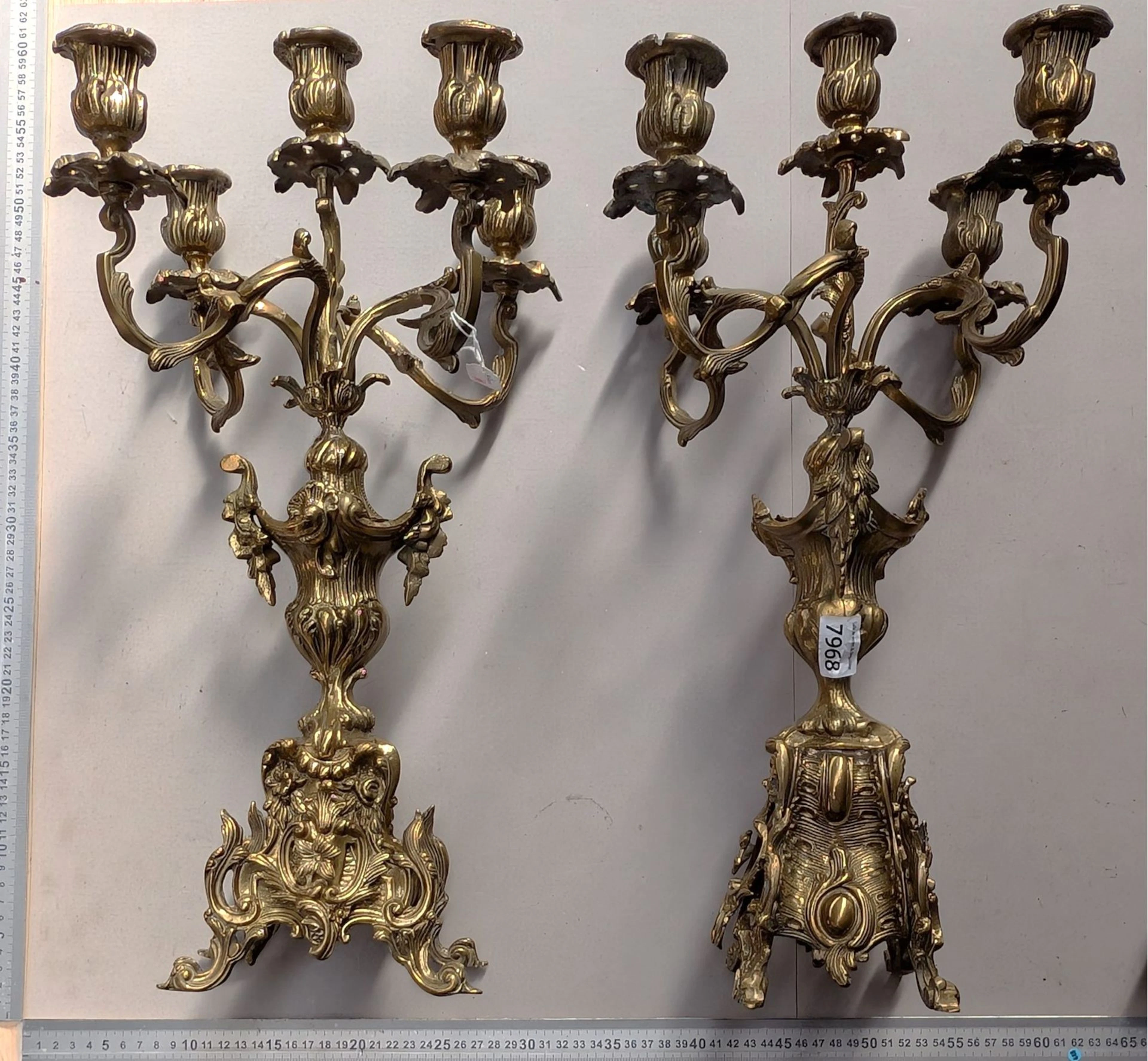 2 five-branched bronze candlesticks—see photos for dimensions and condition