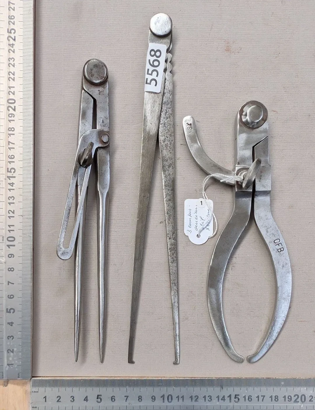 Three antique compasses with hallmarks—see photos for dimensions and condition