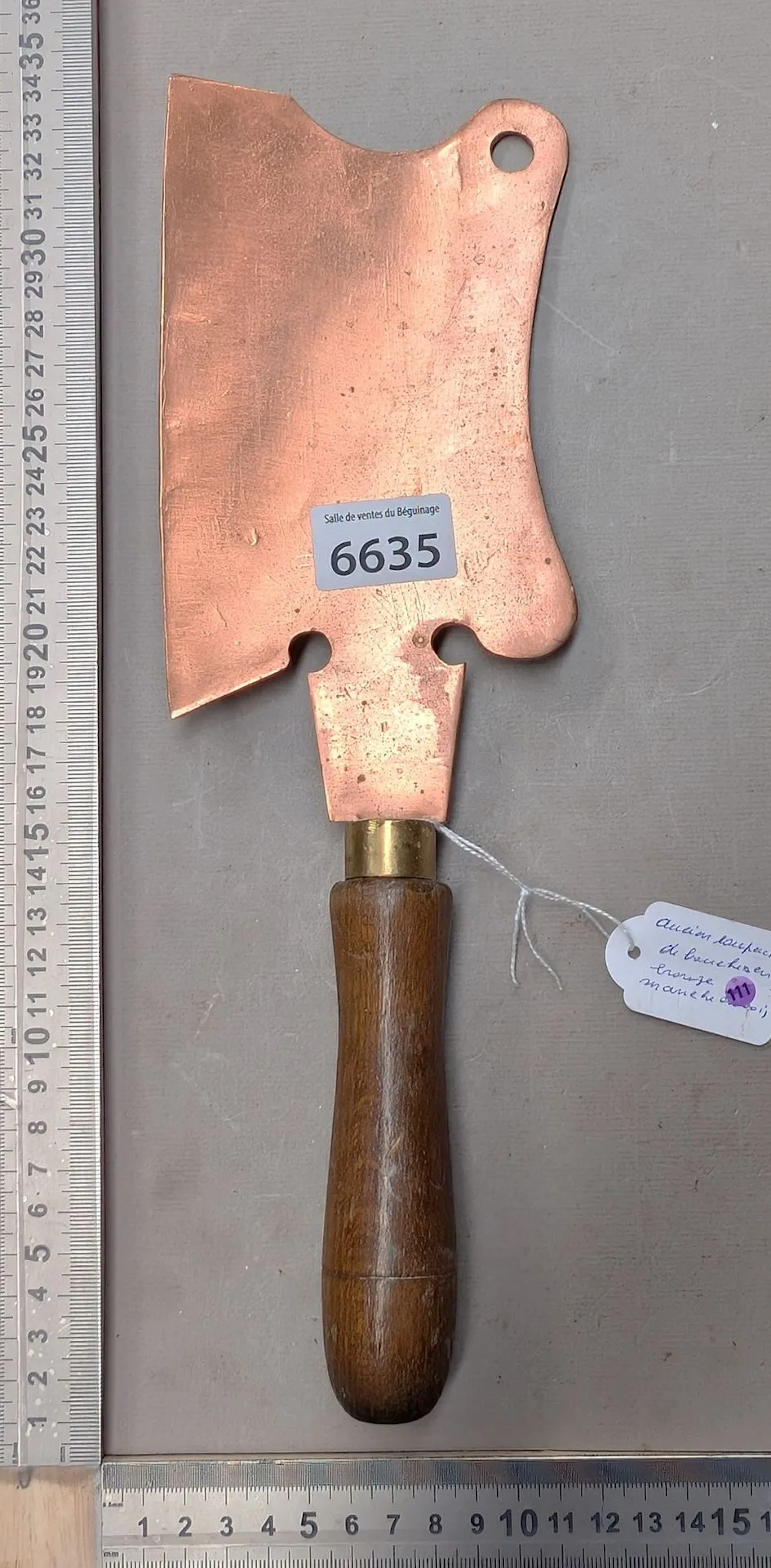 Antique brass-bronze cleaver with wooden handle—see photos for dimensions