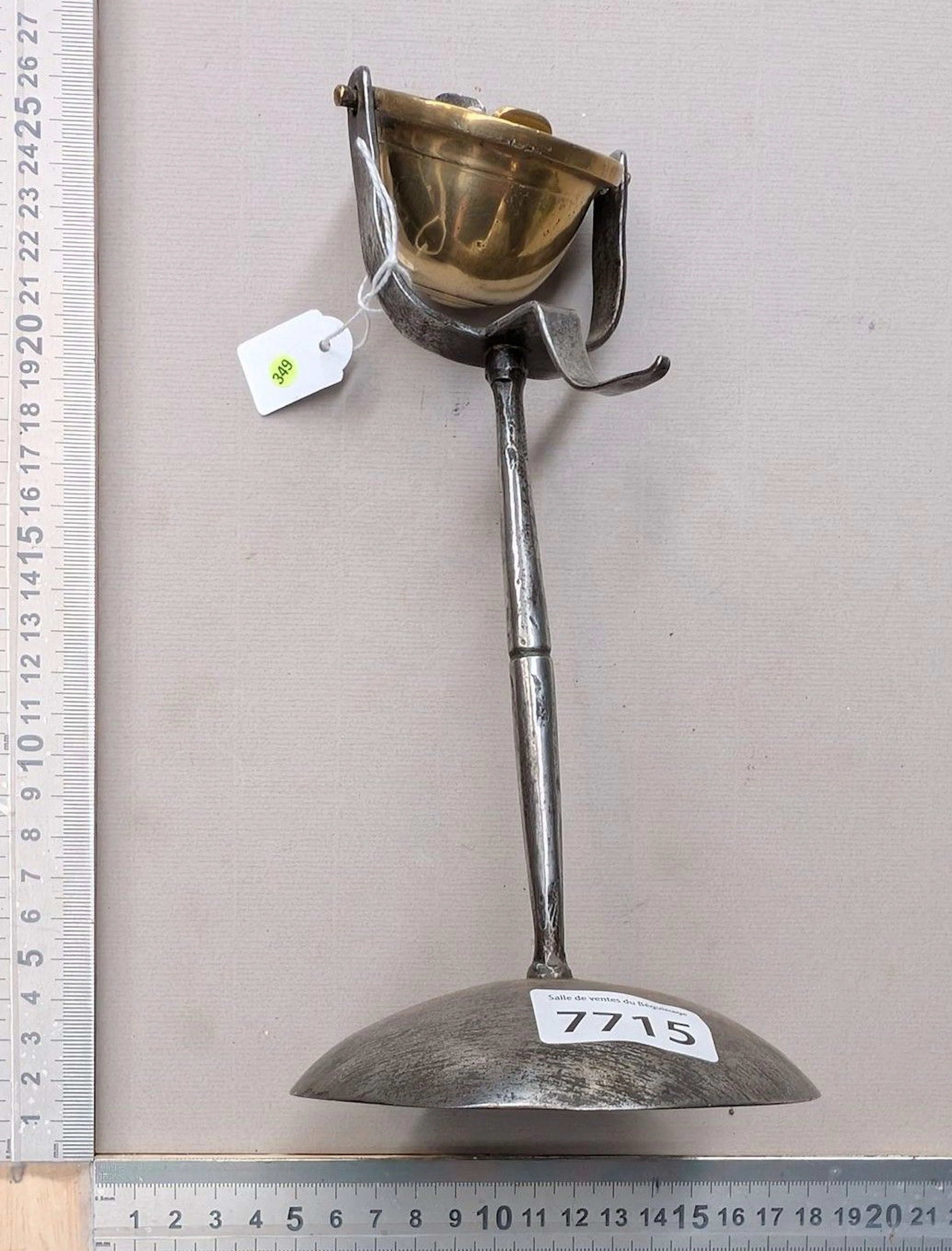 Antique 18th-century brass and wrought-iron oil lamp—see photos for