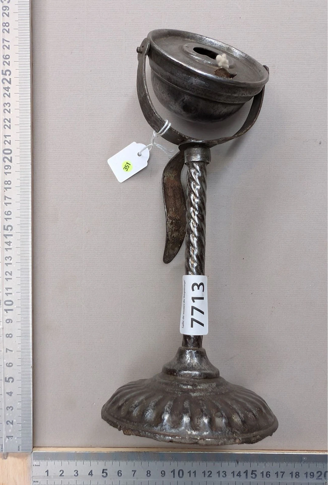 Antique 18th-century forged steel oil lamp—see photos for dimensions