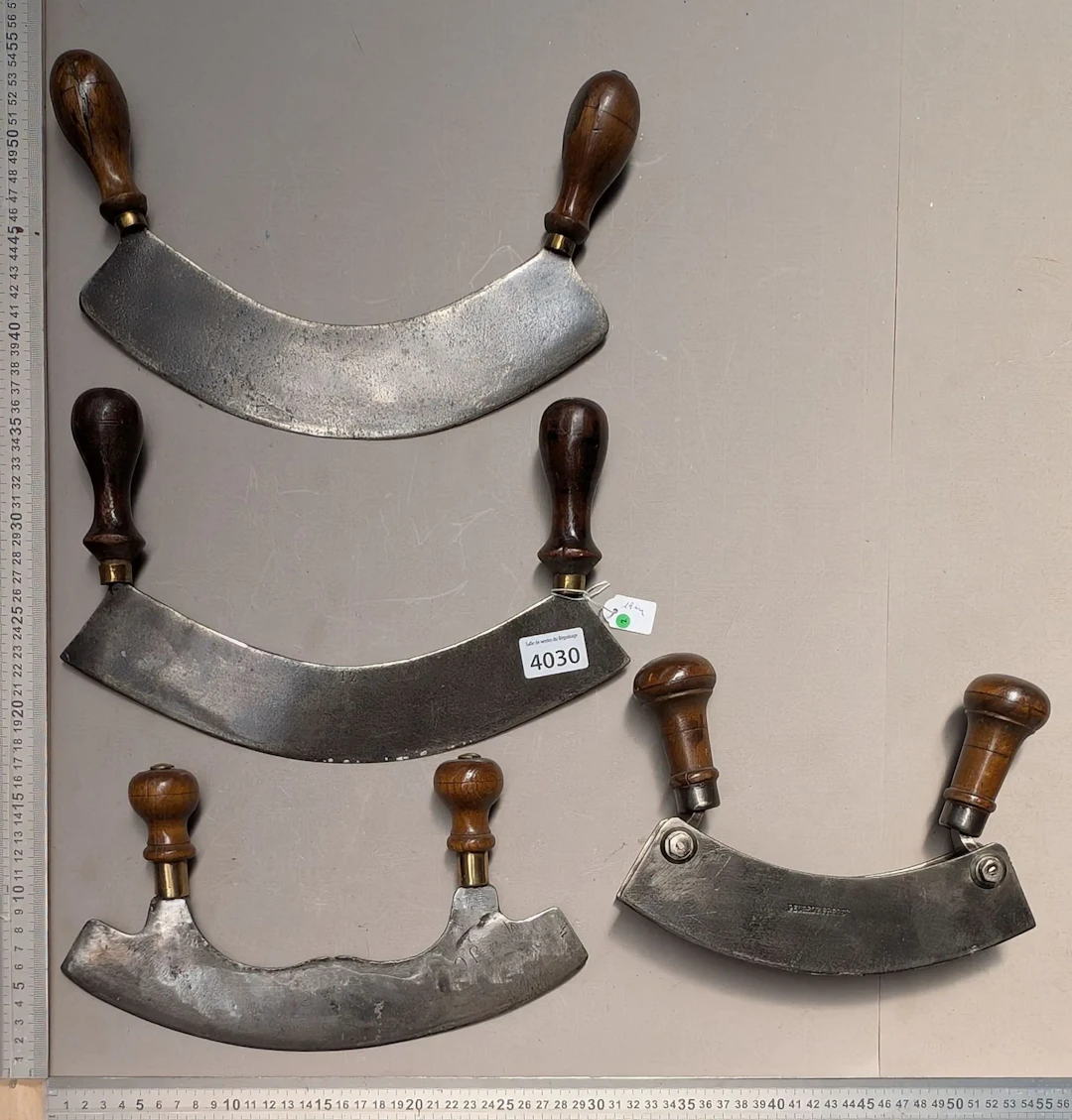 4 antique wrought-iron kitchen meat grinders—see photos for dimensions