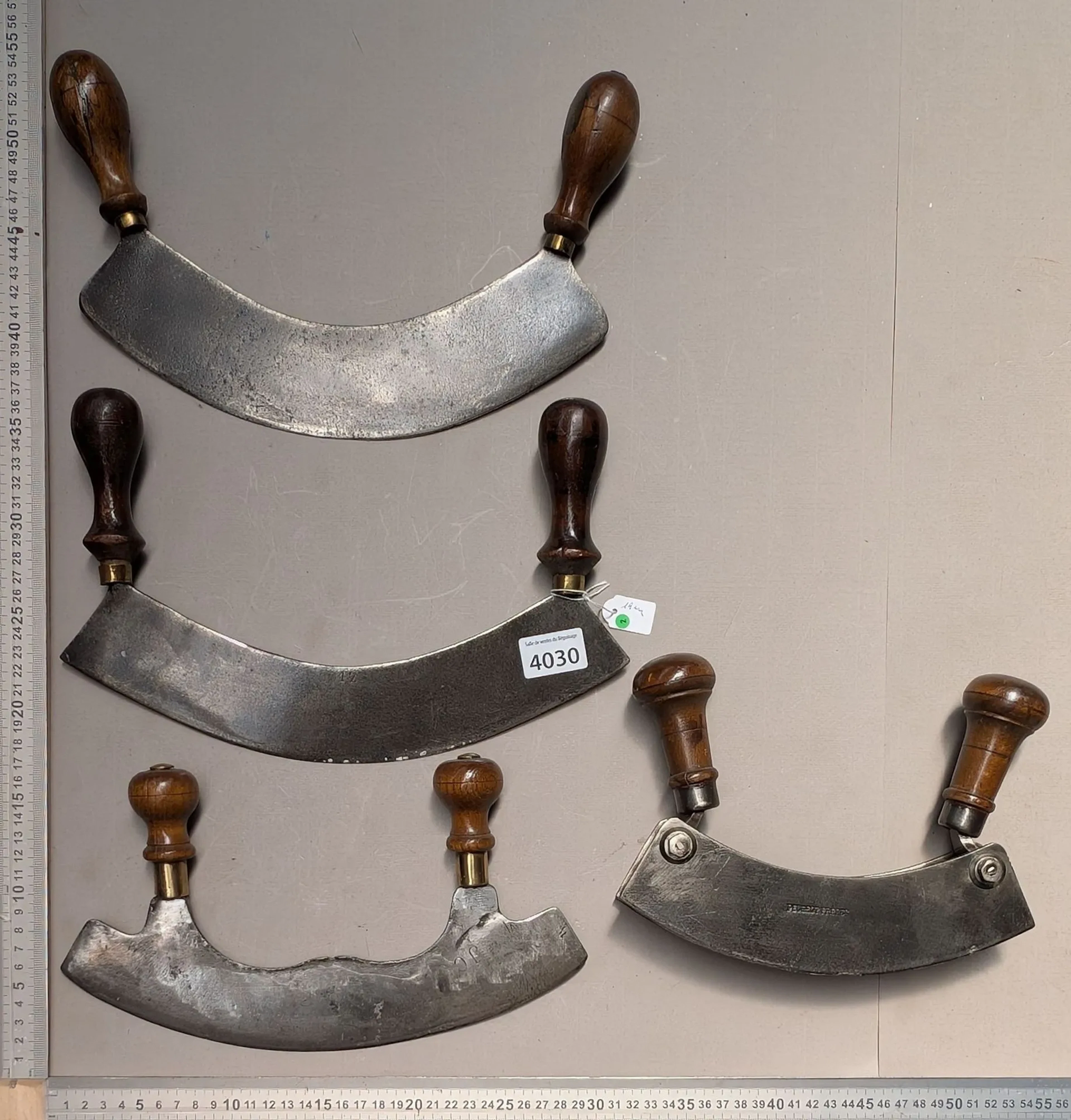 4 antique wrought-iron kitchen meat grinders—see photos for dimensions