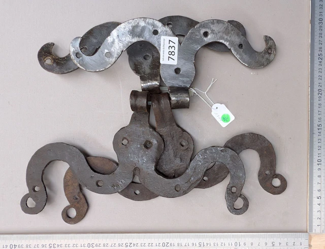 4 wrought-iron hinged wall sconces—see photos for dimensions and condition