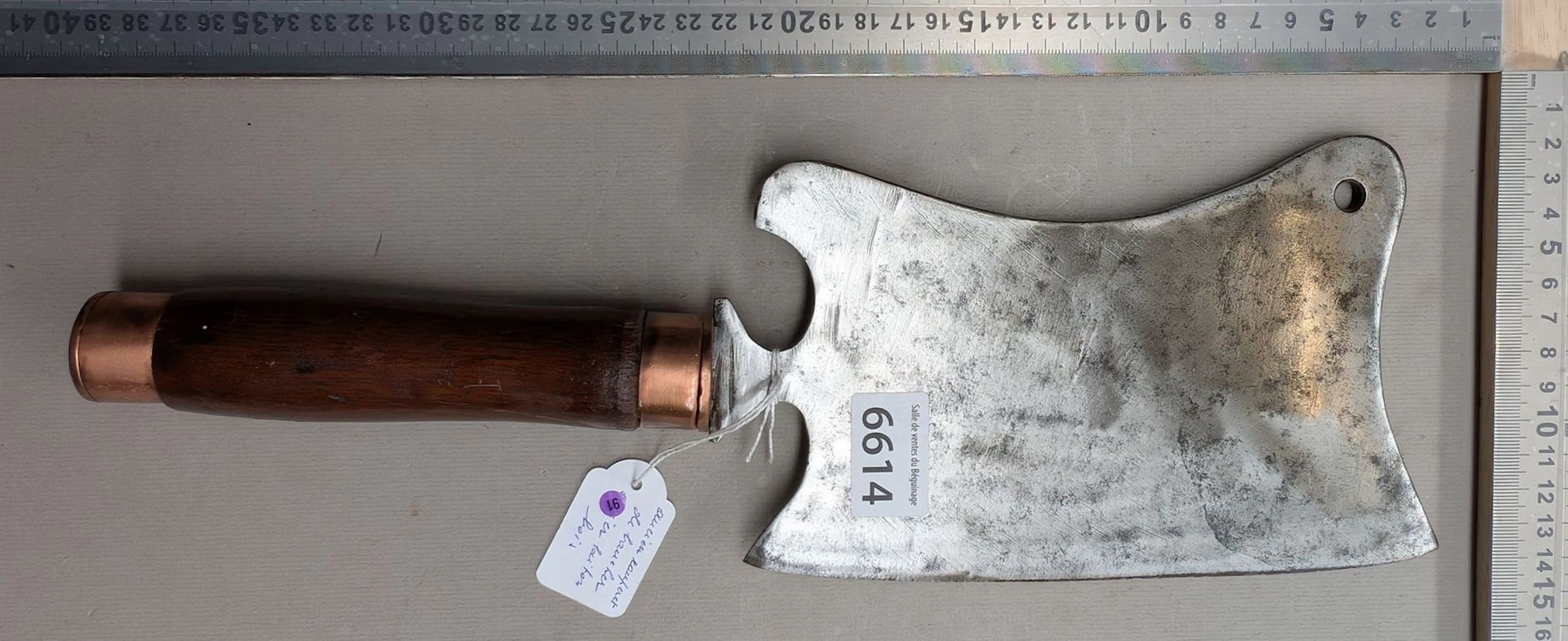 Antique brass-steel cleaver with wooden handle—see photos for dimensions