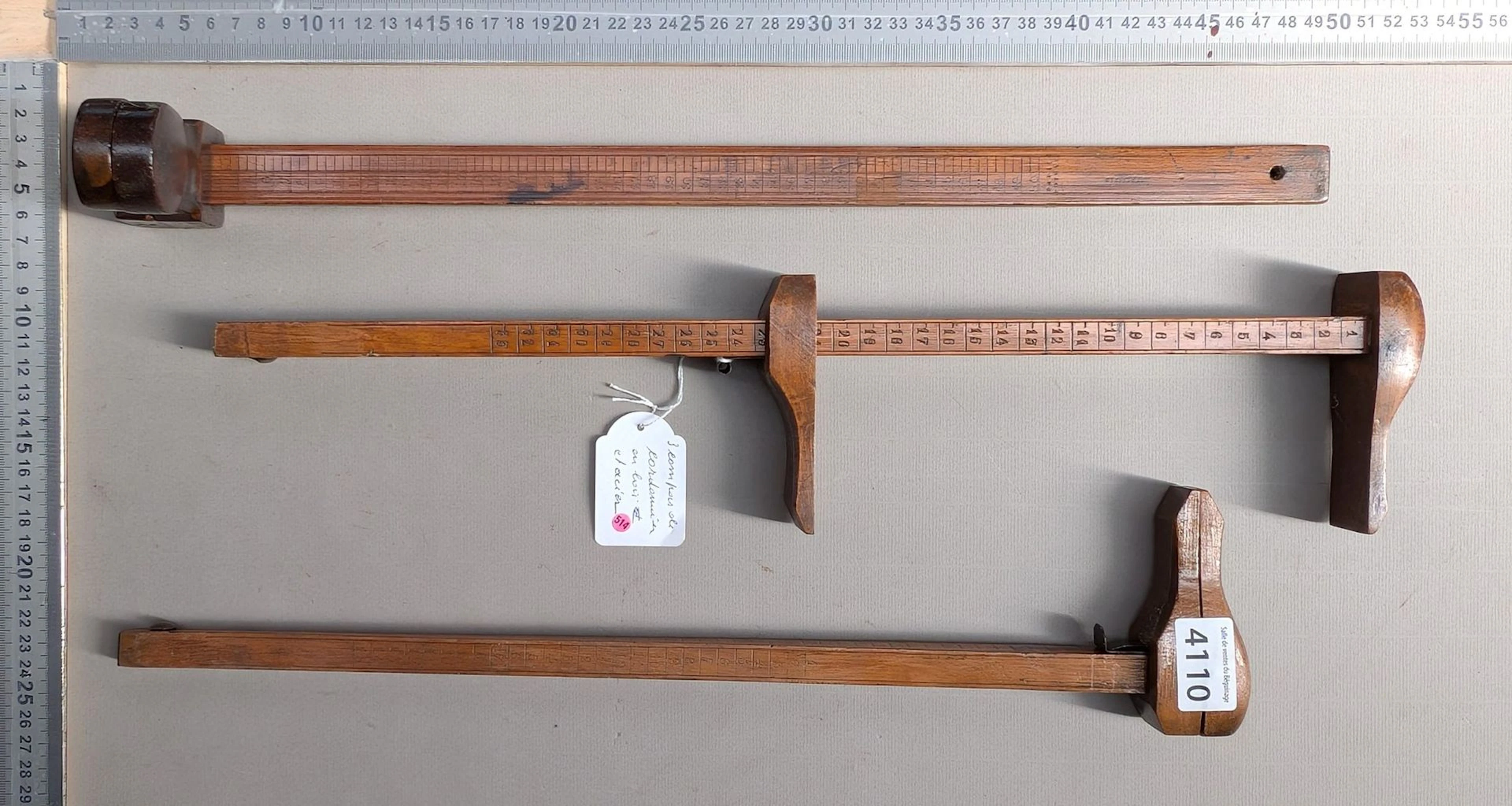 3 wooden shoemaker's compasses with graduations—see photos for dimensions