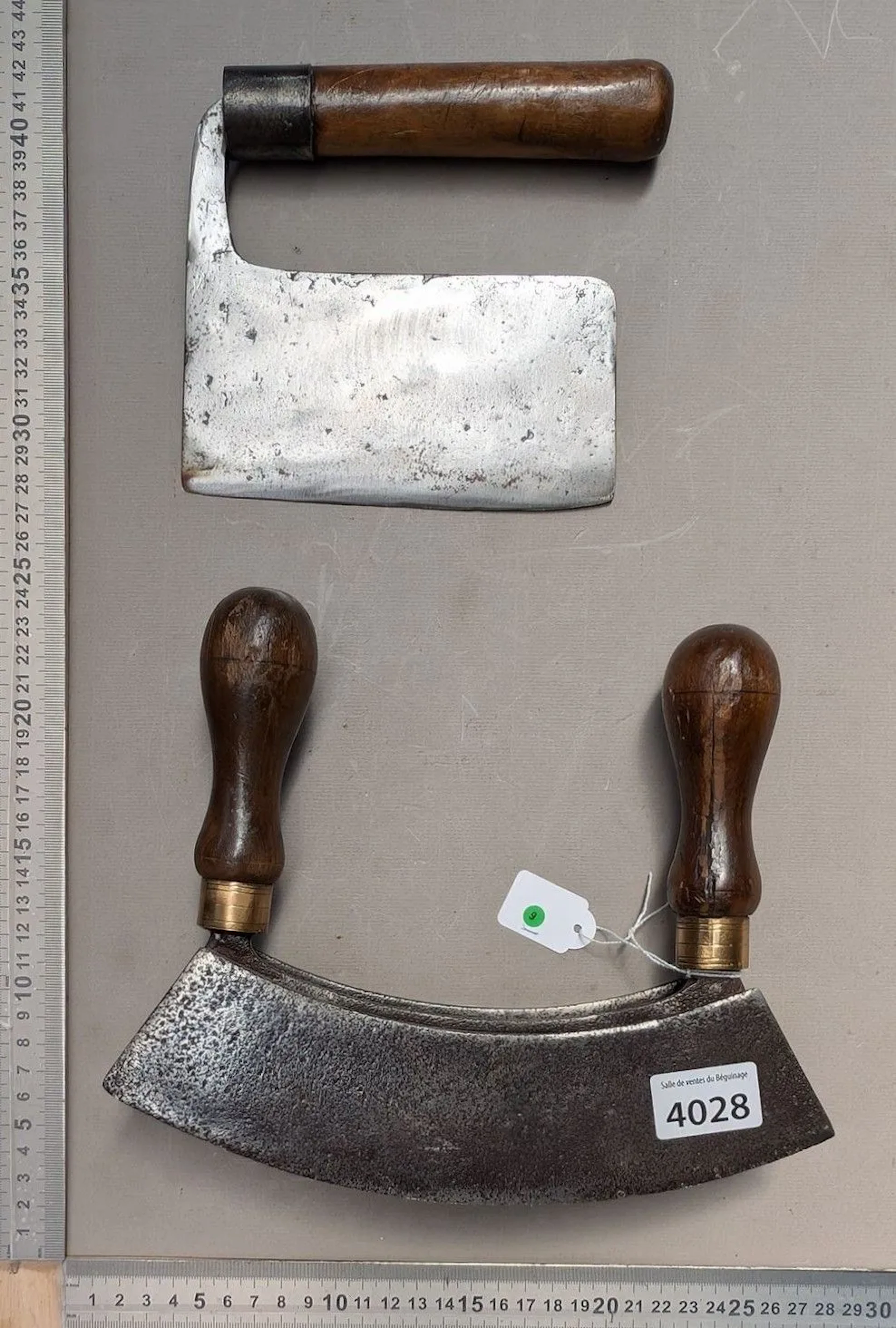 2 antique wrought-iron kitchen meat grinders—see photos for dimensions