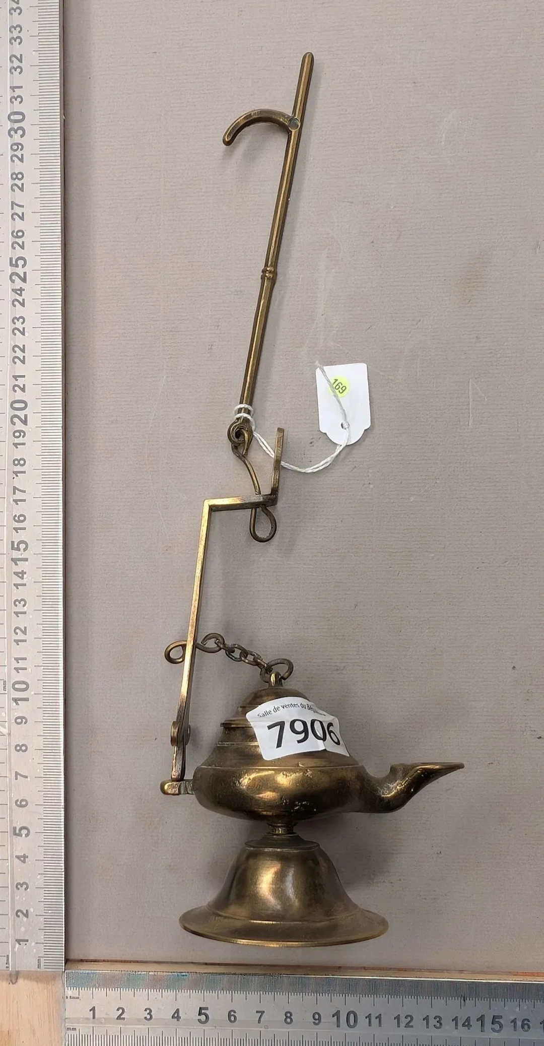 Antique small bronze oil lamp—see photos for dimensions and condition