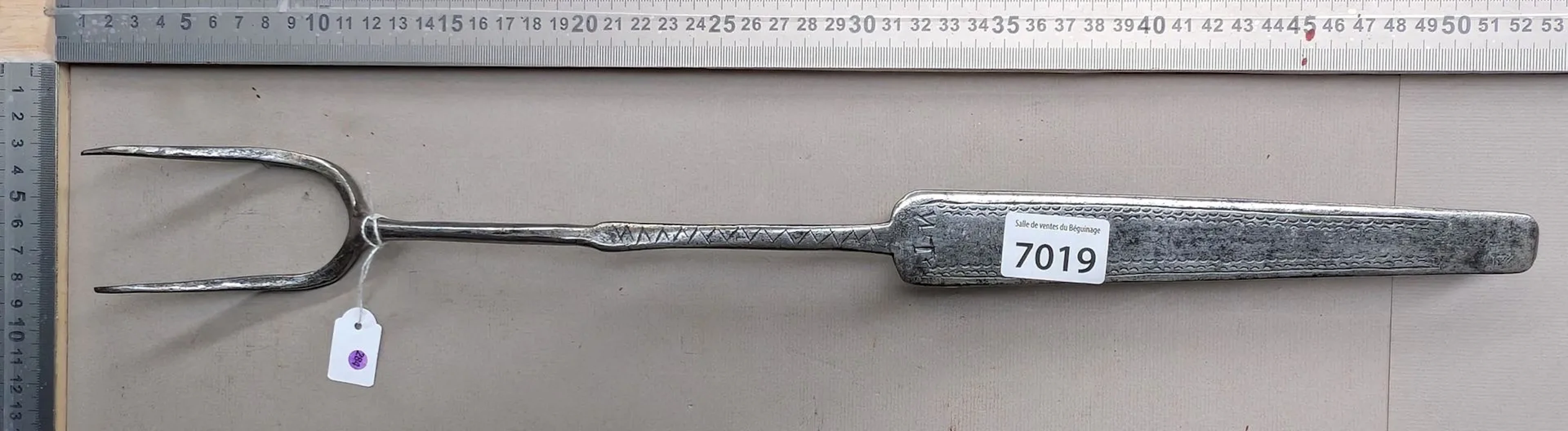1 antique 18th-century wrought-iron hearth fork, 2 tines—see photos