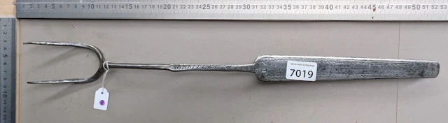 1 antique 18th-century wrought-iron hearth fork, 2 tines—see photos