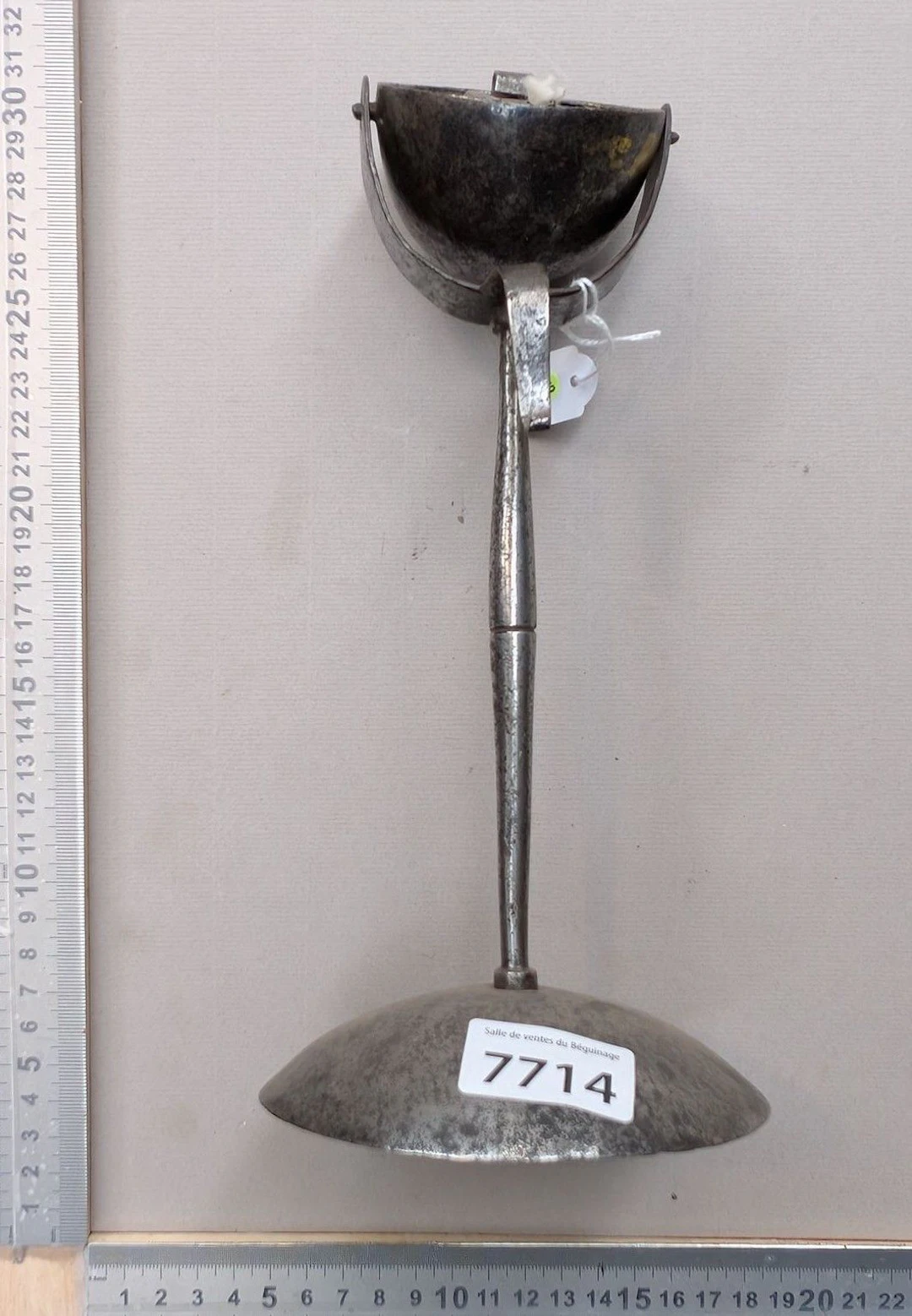 Antique 18th-century forged steel oil lamp—see photos for dimensions