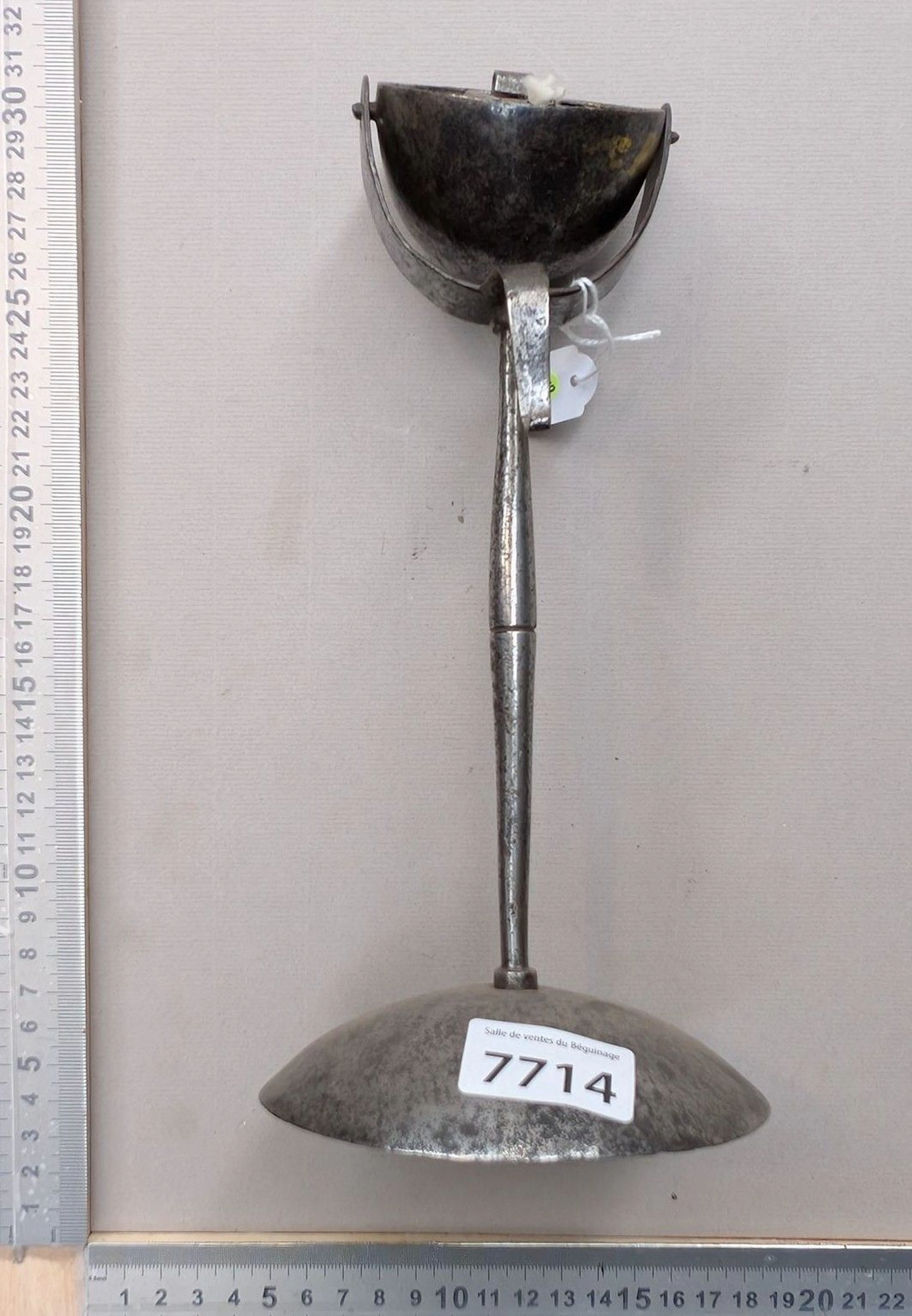 Antique 18th-century forged steel oil lamp—see photos for dimensions