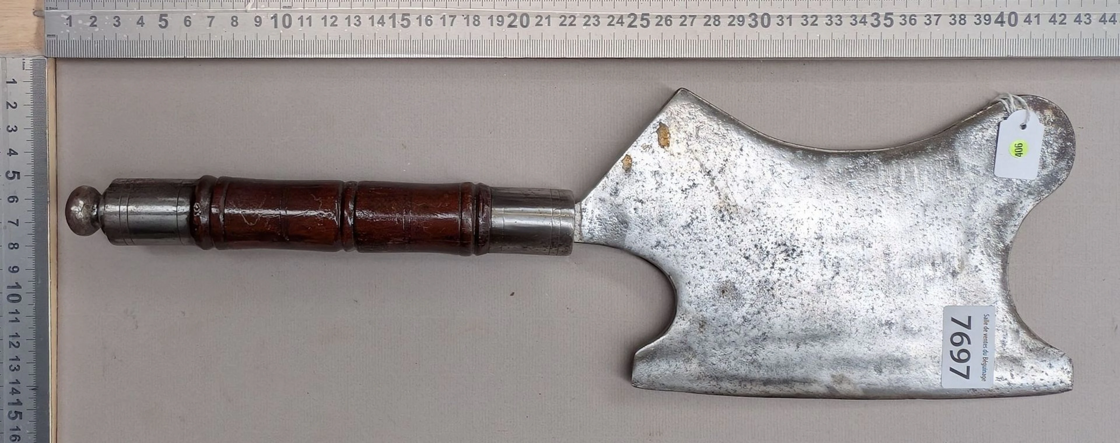 1 beautiful meat grinder with a molded wooden handle—see photos for